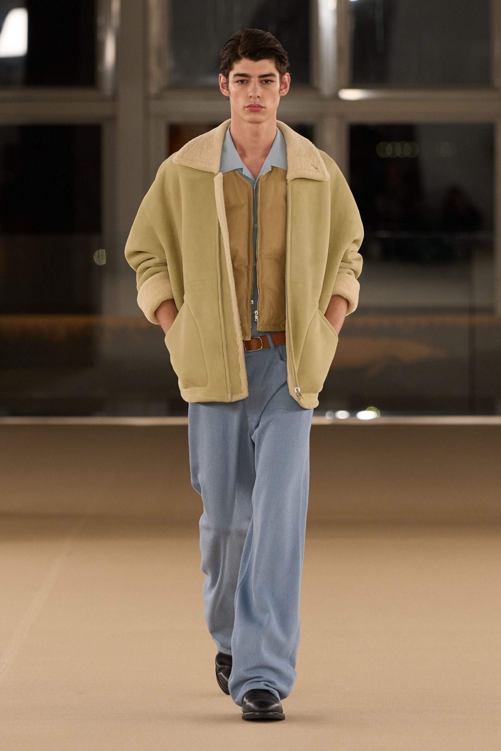green faux-fur jacket with blue shirt