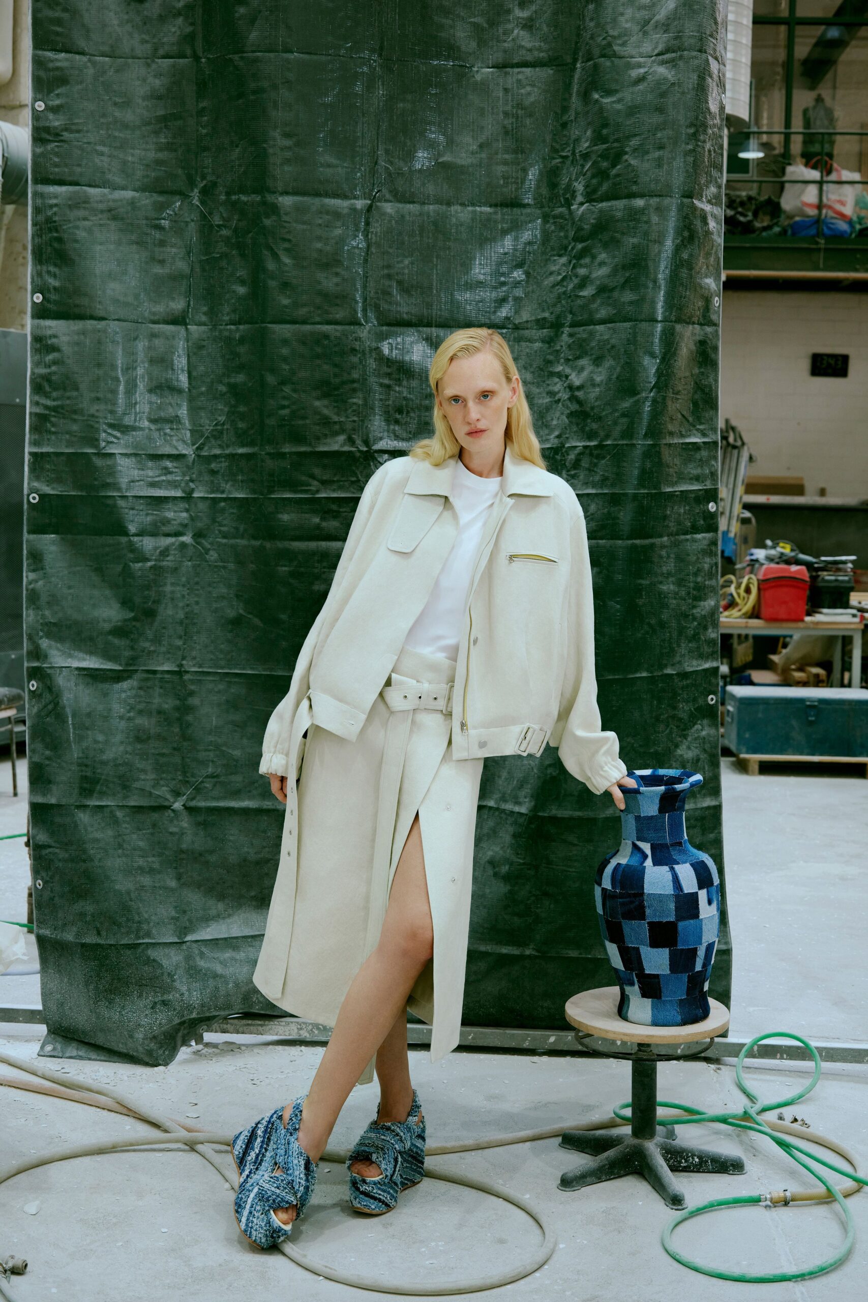 beige jacket and skirt outfit