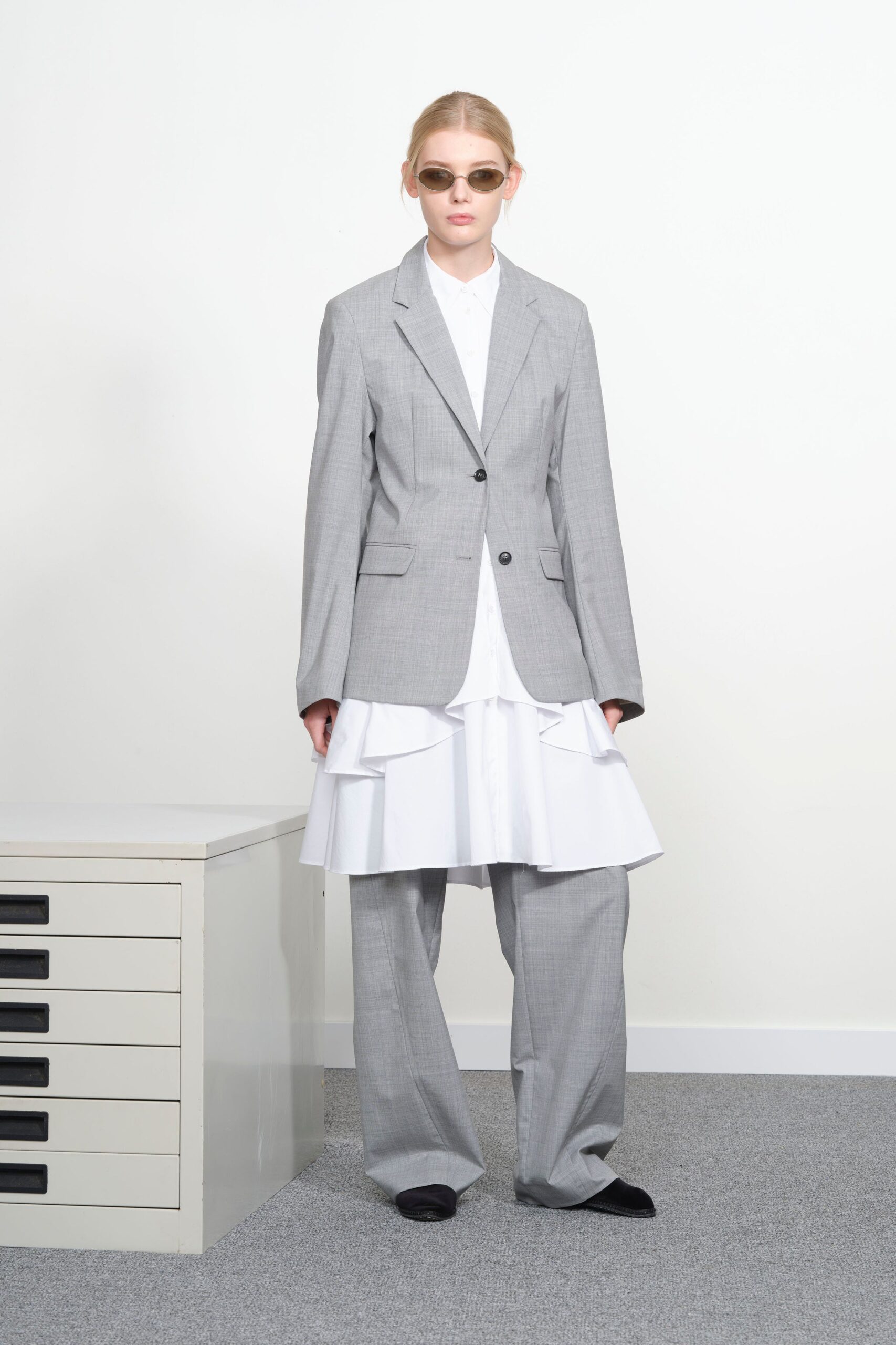 white cotton long-sleeve collared relaxed layered shirt-dress
