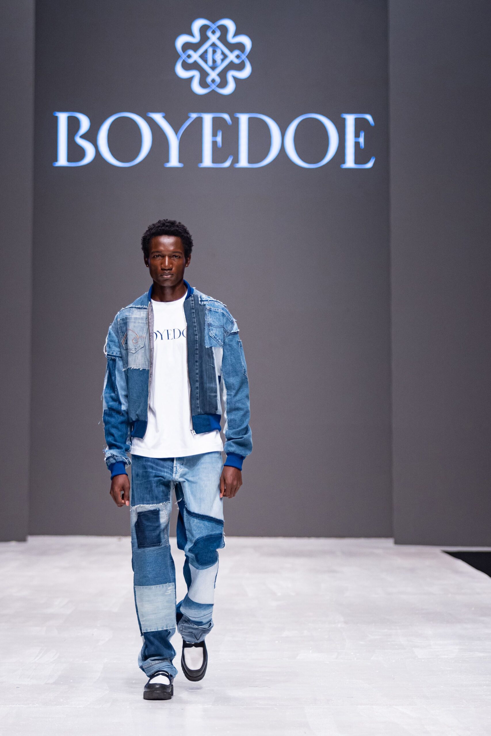 blue denim long-sleeve collared relaxed patchwork jacket