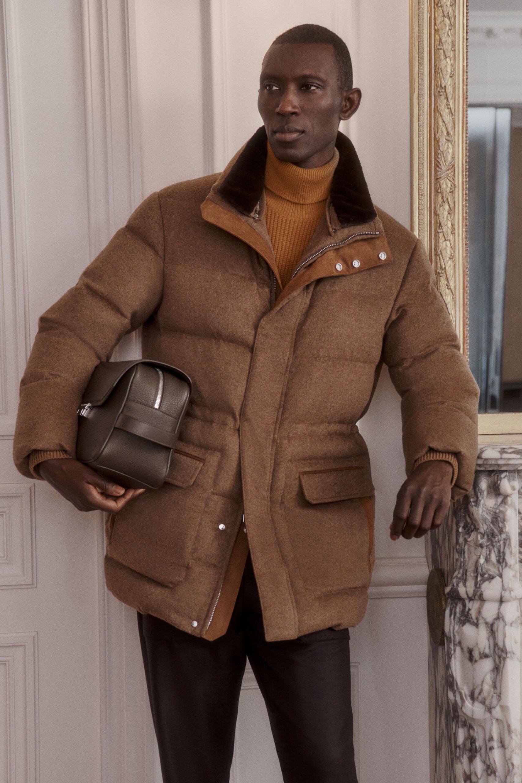 brown wool coat with orange sweater