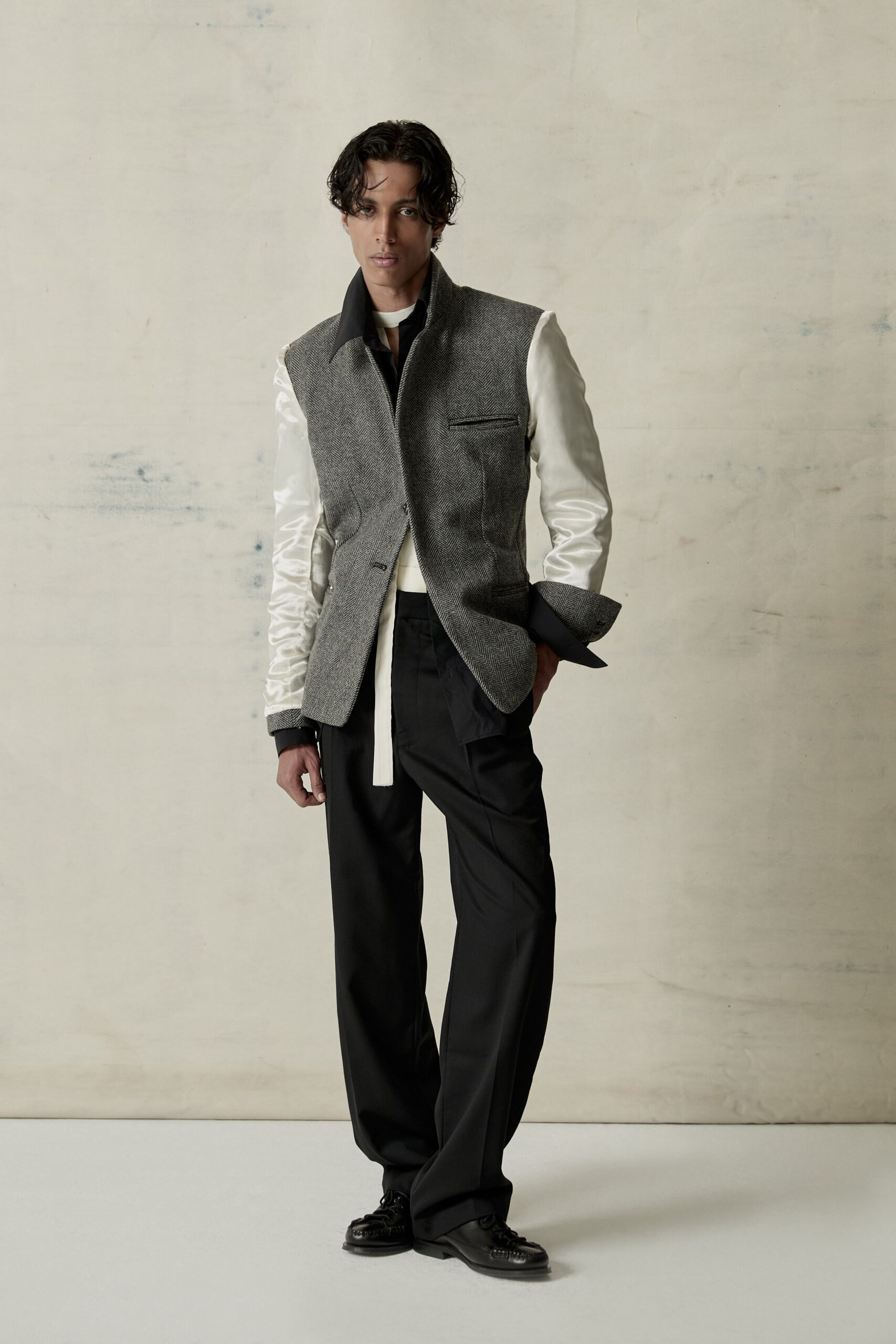 gray tailored blazer with white shirt