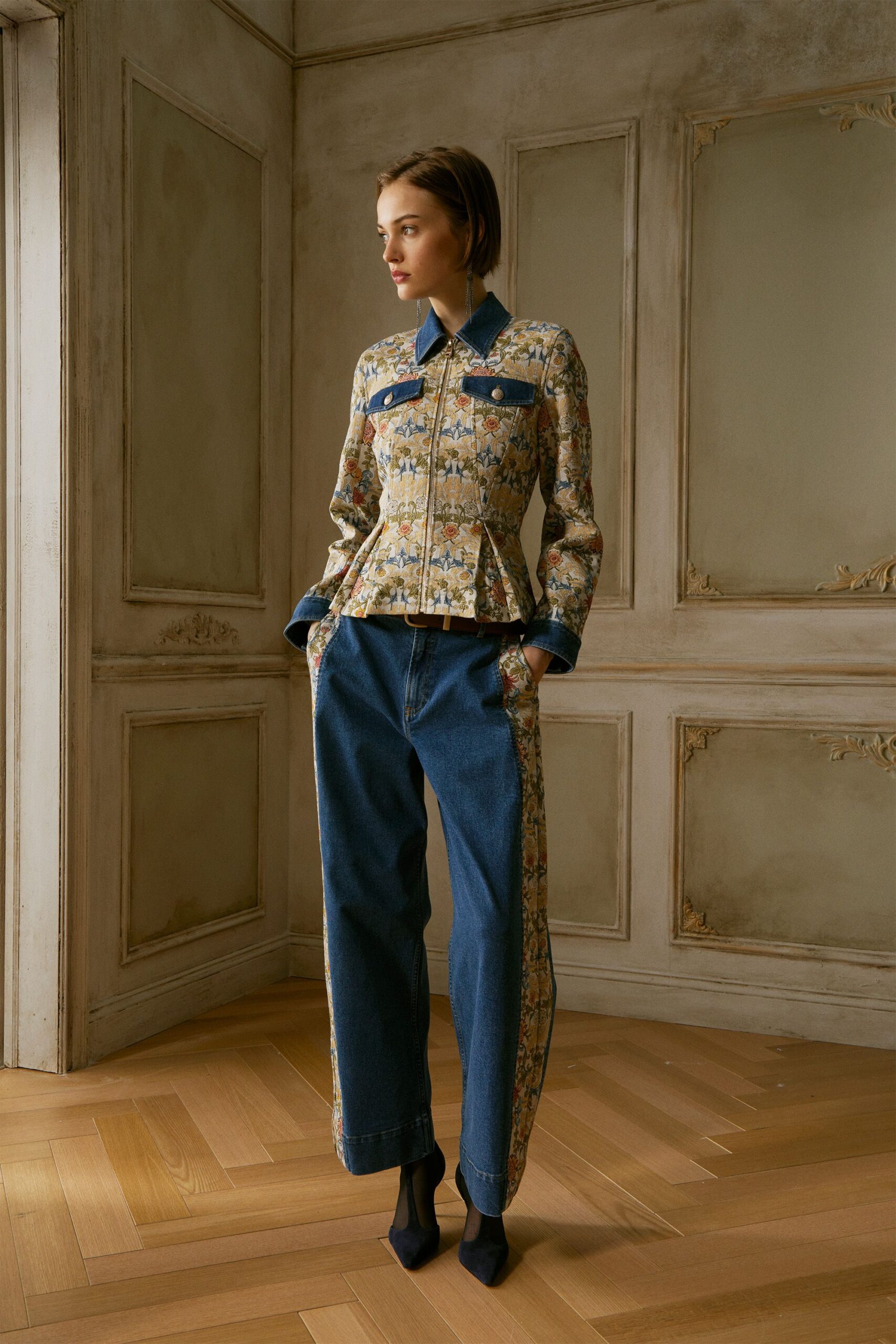 multi denim long-sleeve collared fitted buttoned pleated jacket