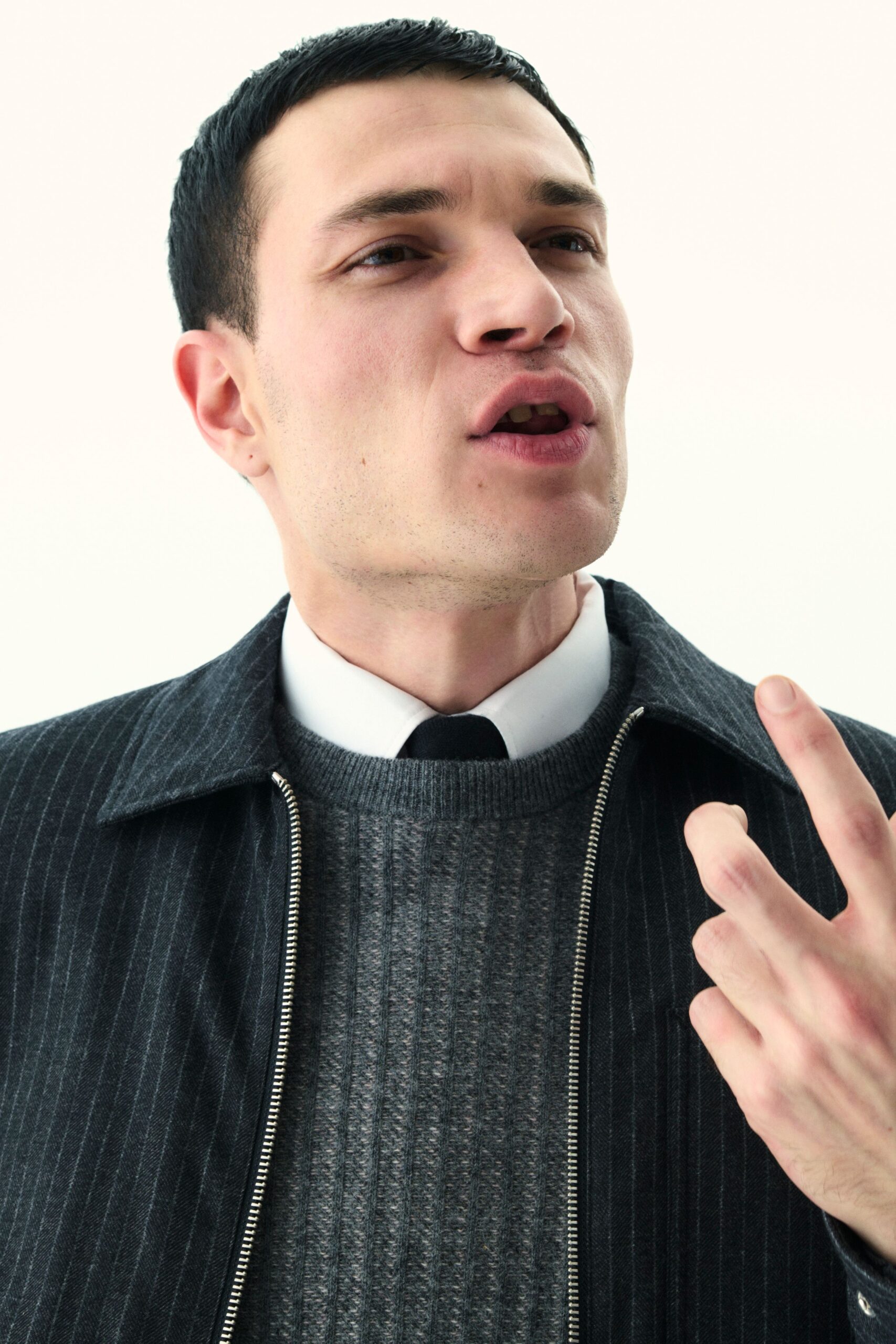 black wool long-sleeve collared structured striped zippered jacket