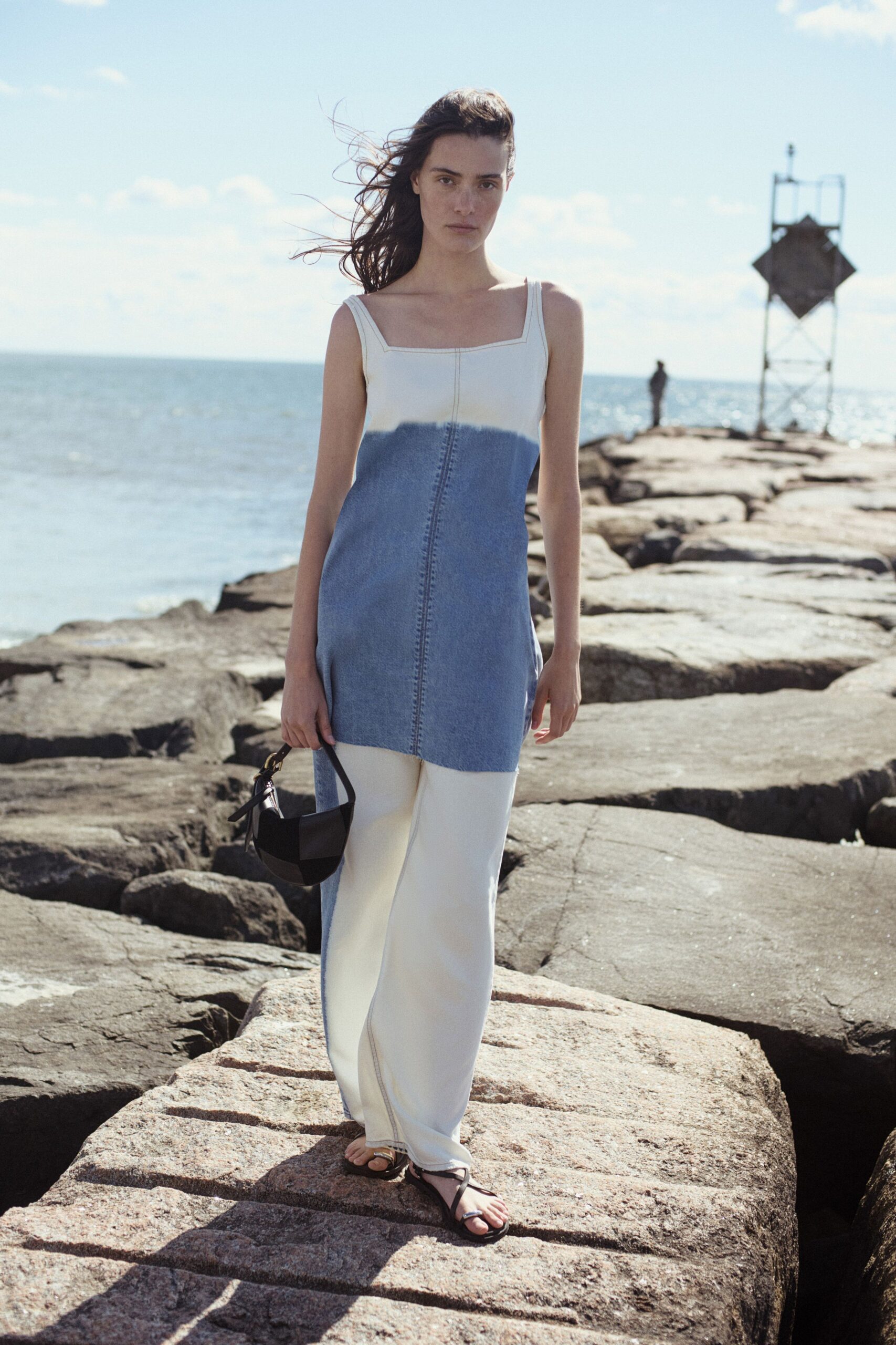 blue and white color-blocked dress