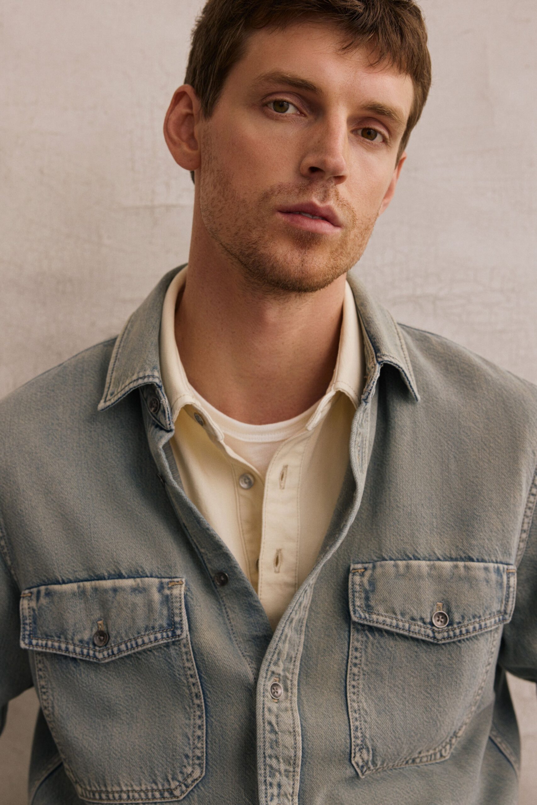 blue denim jacket with white shirt
