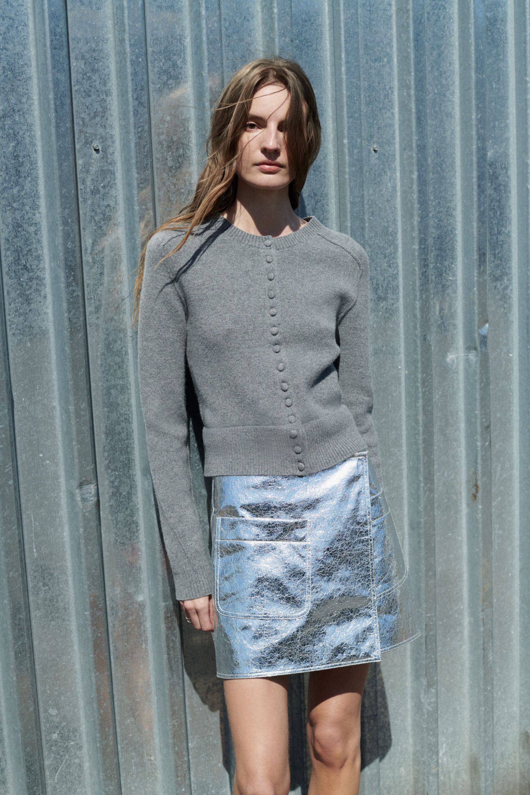 gray metallic fitted pockets shiny skirt