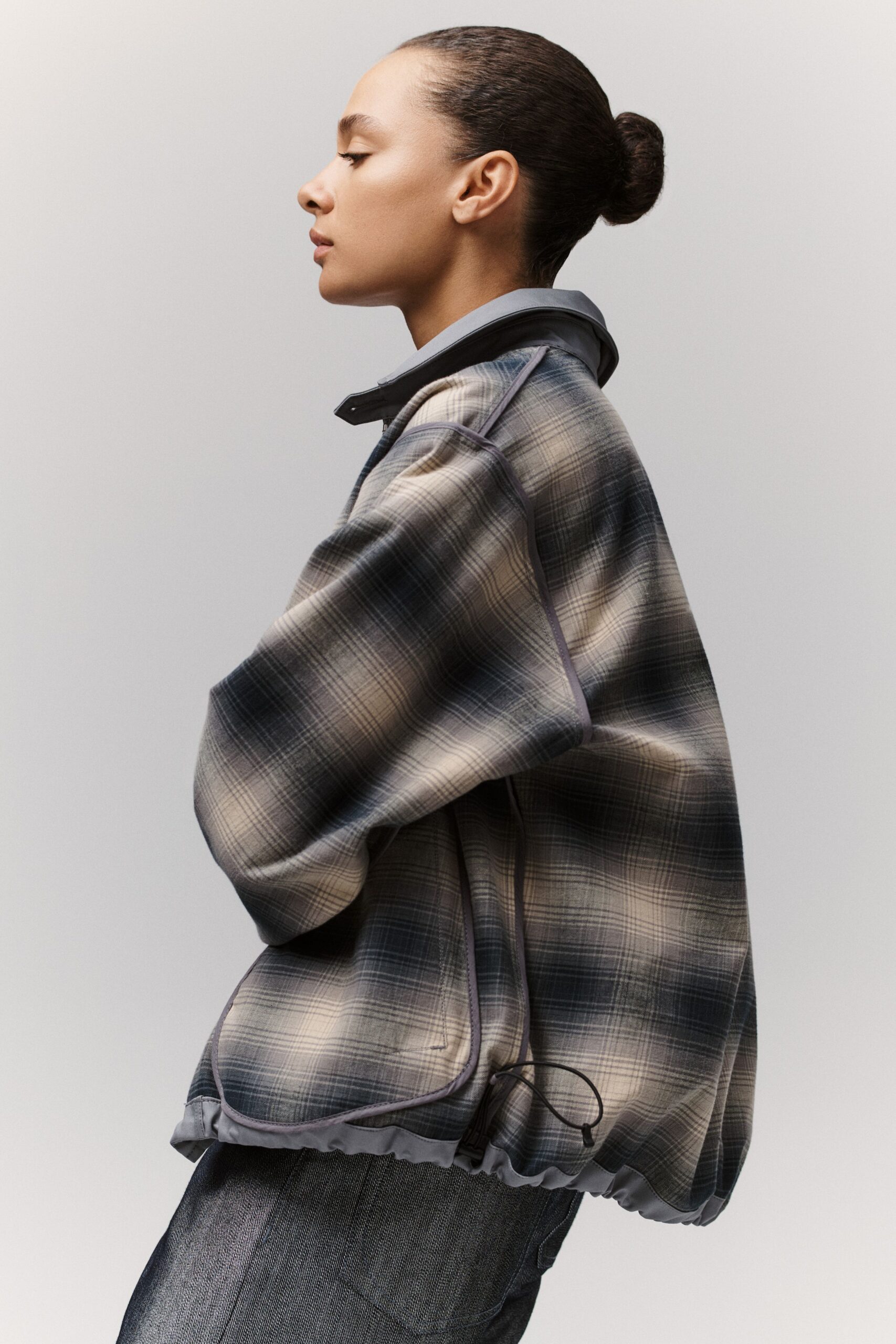 oversized gray checked jacket and relaxed pants