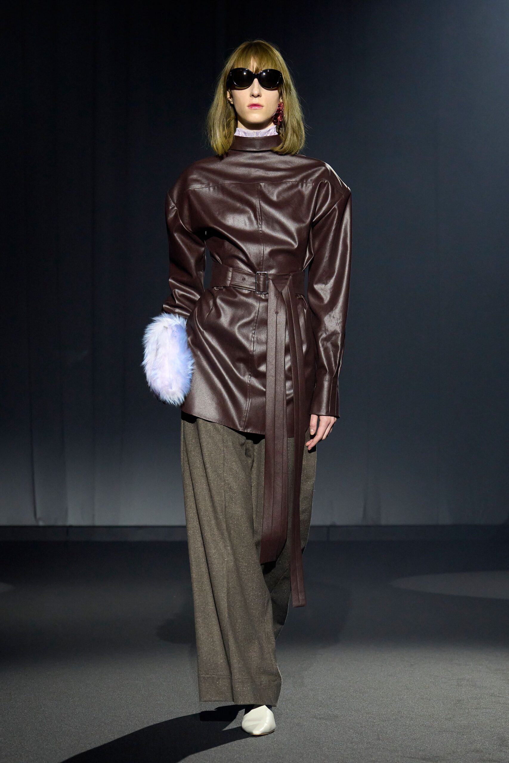 brown leather long-sleeve collared fitted belted top