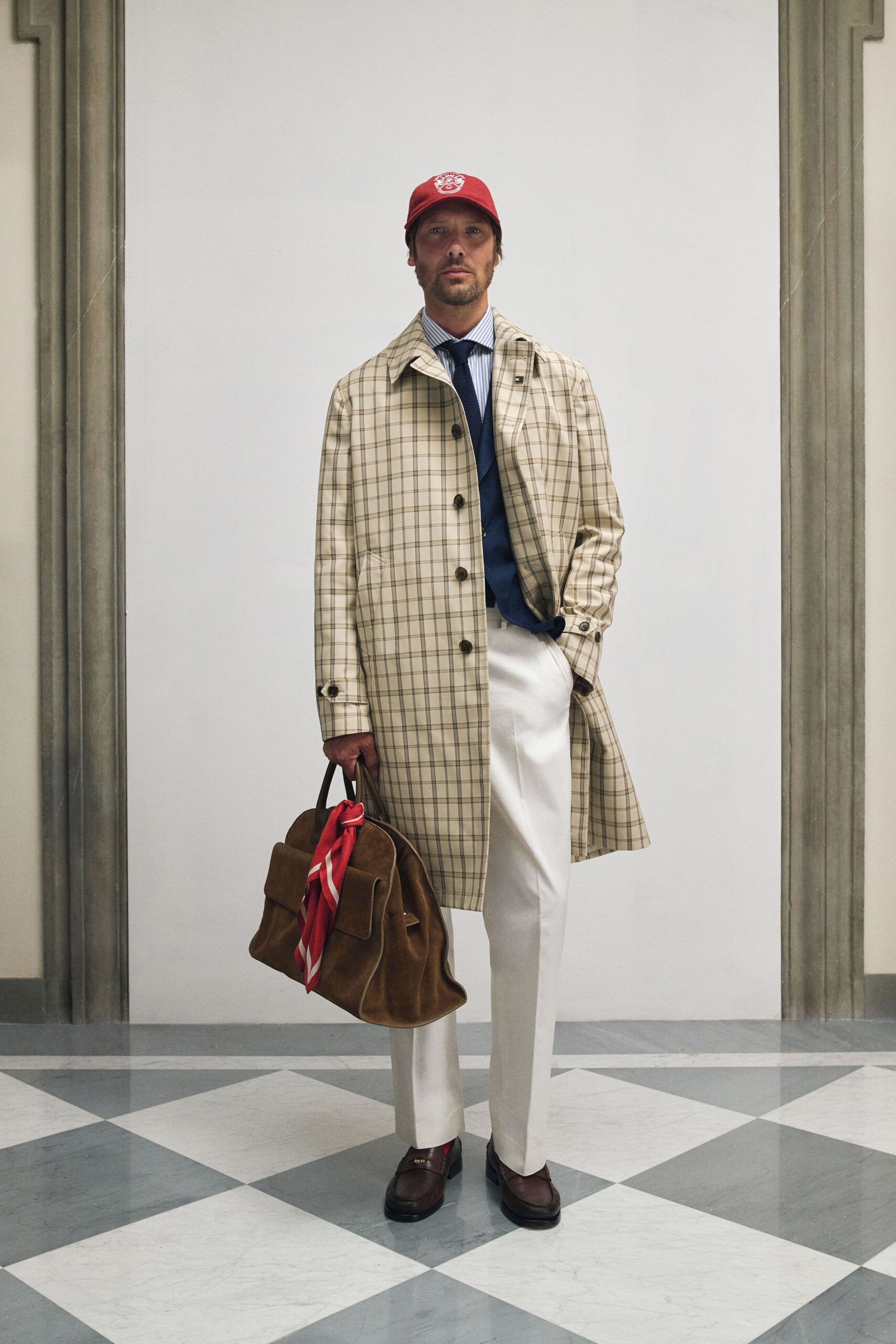 beige checked coat with suit