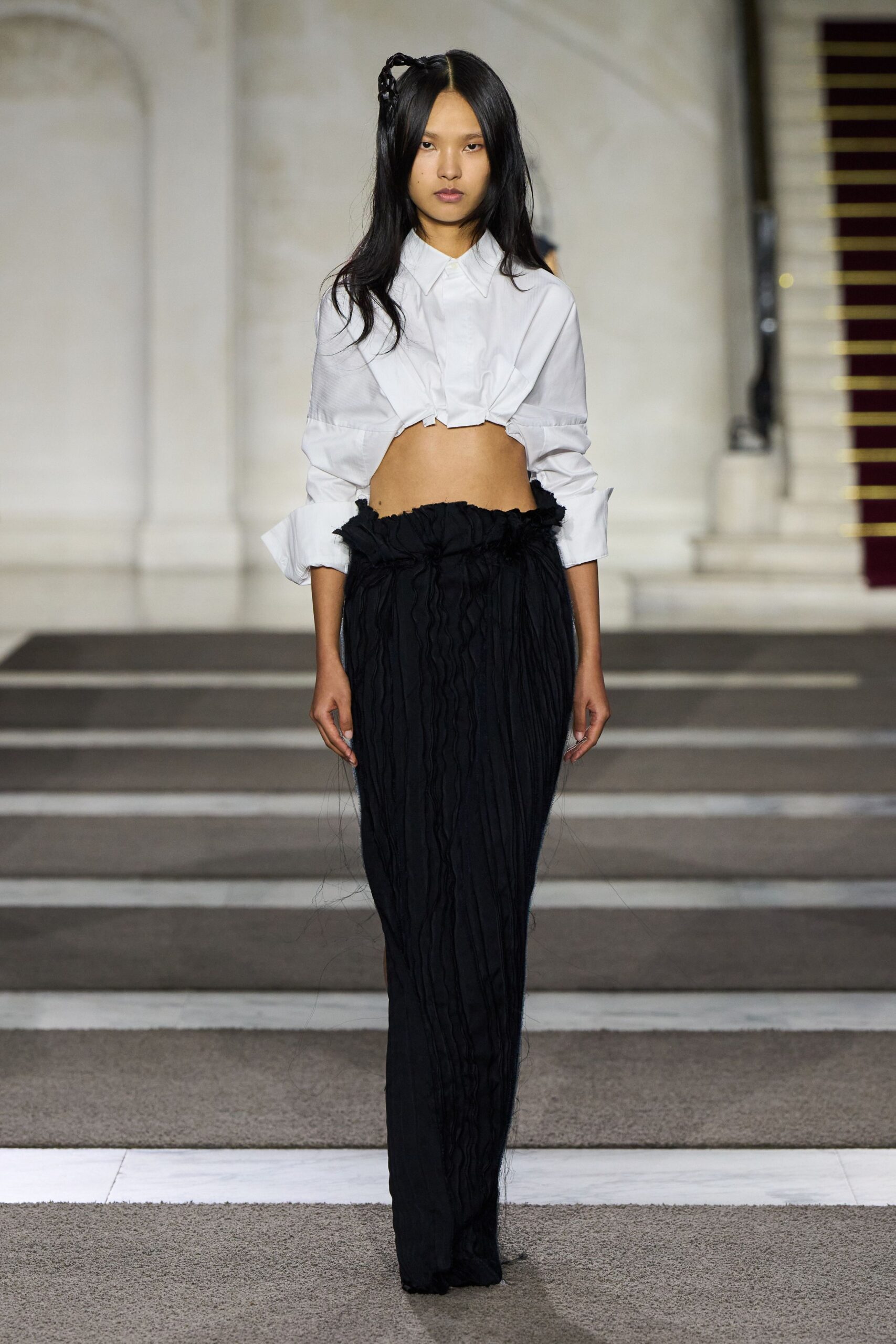white cotton long-sleeve collared fitted ruffled cropped shirt