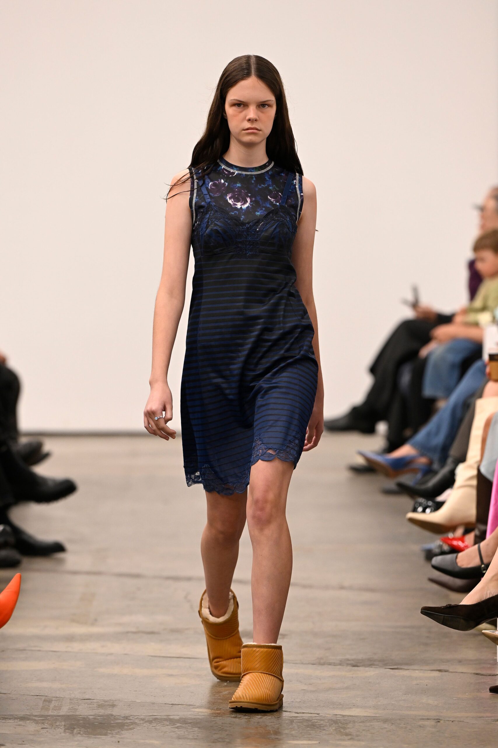 blue silk sleeveless mini dress with brown boots
