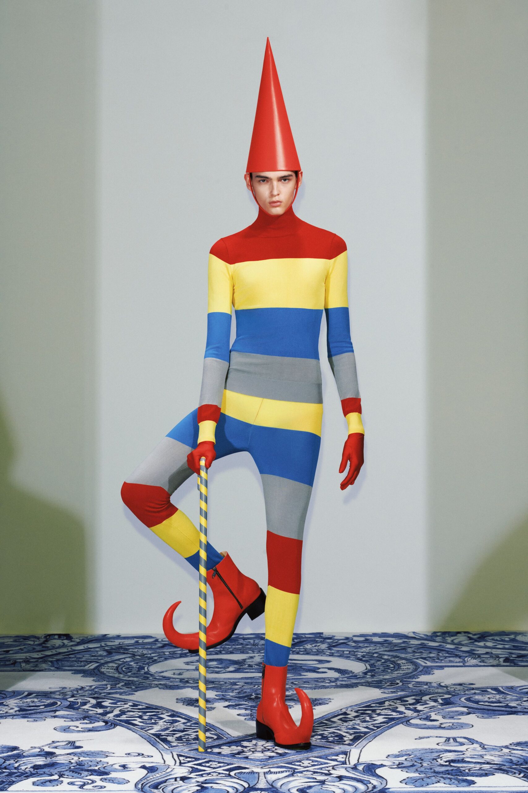 red cotton long-sleeve high-neck fitted striped catsuit