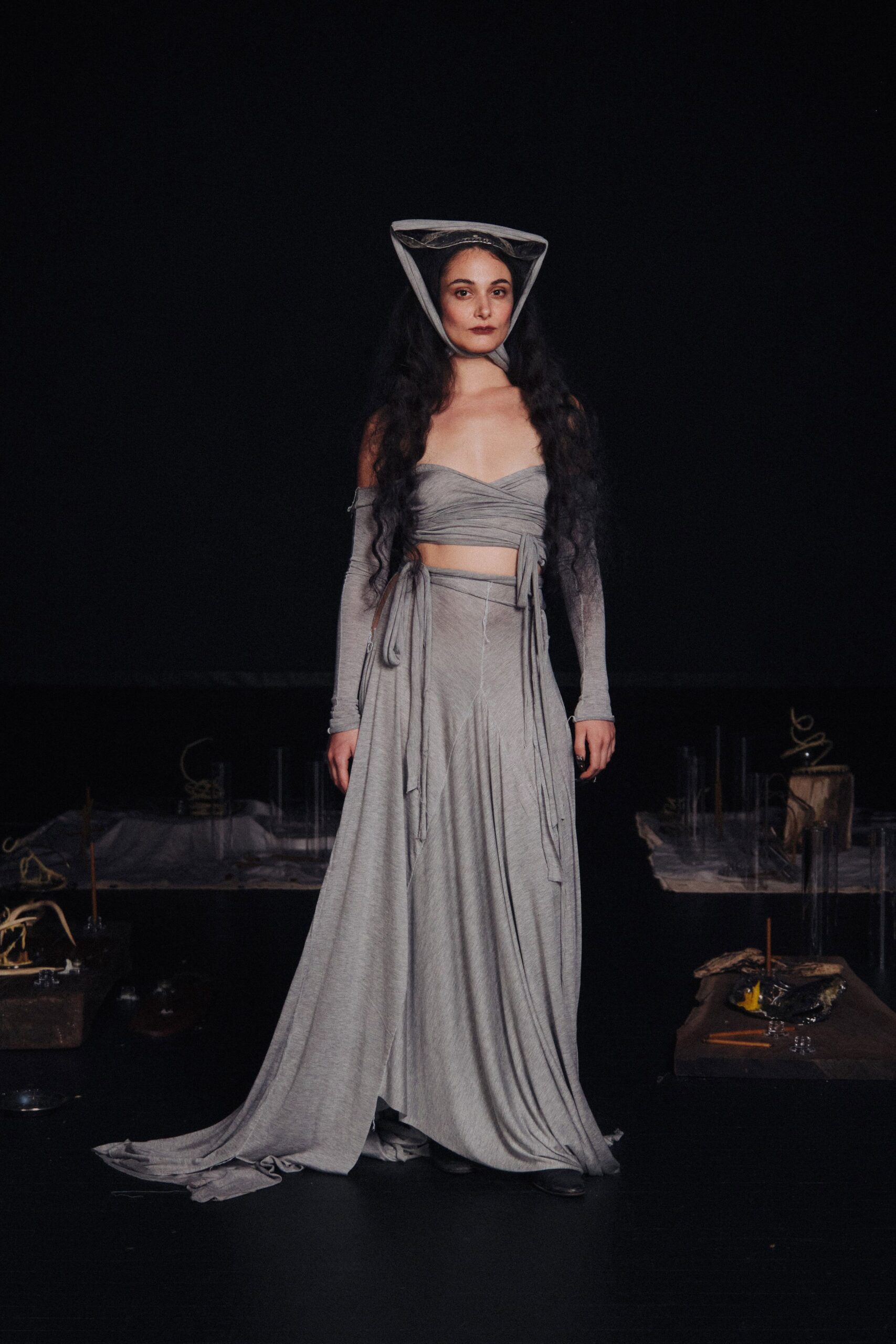 gray cotton long-sleeve fitted draped maxi skirt