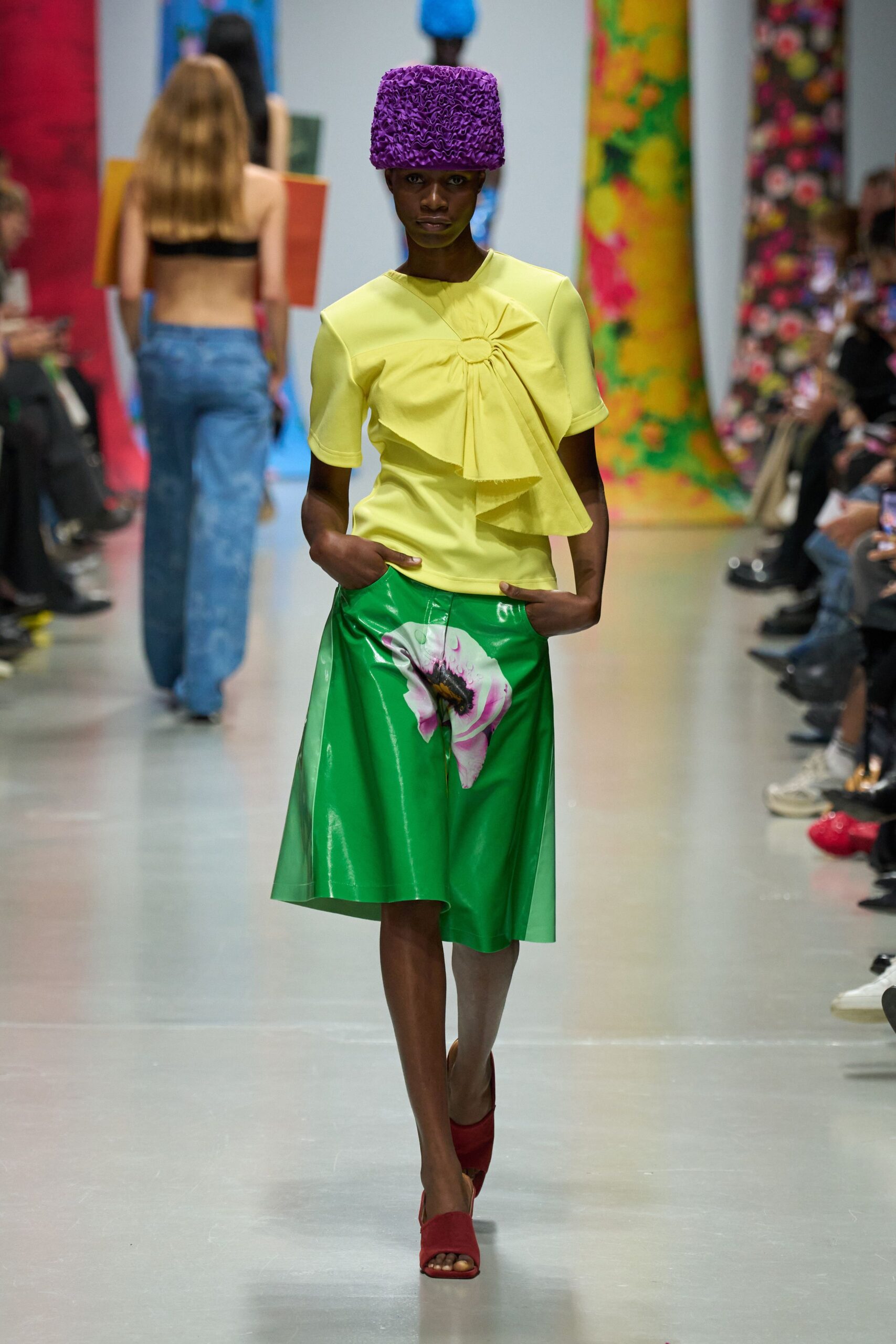 yellow top green midi skirt