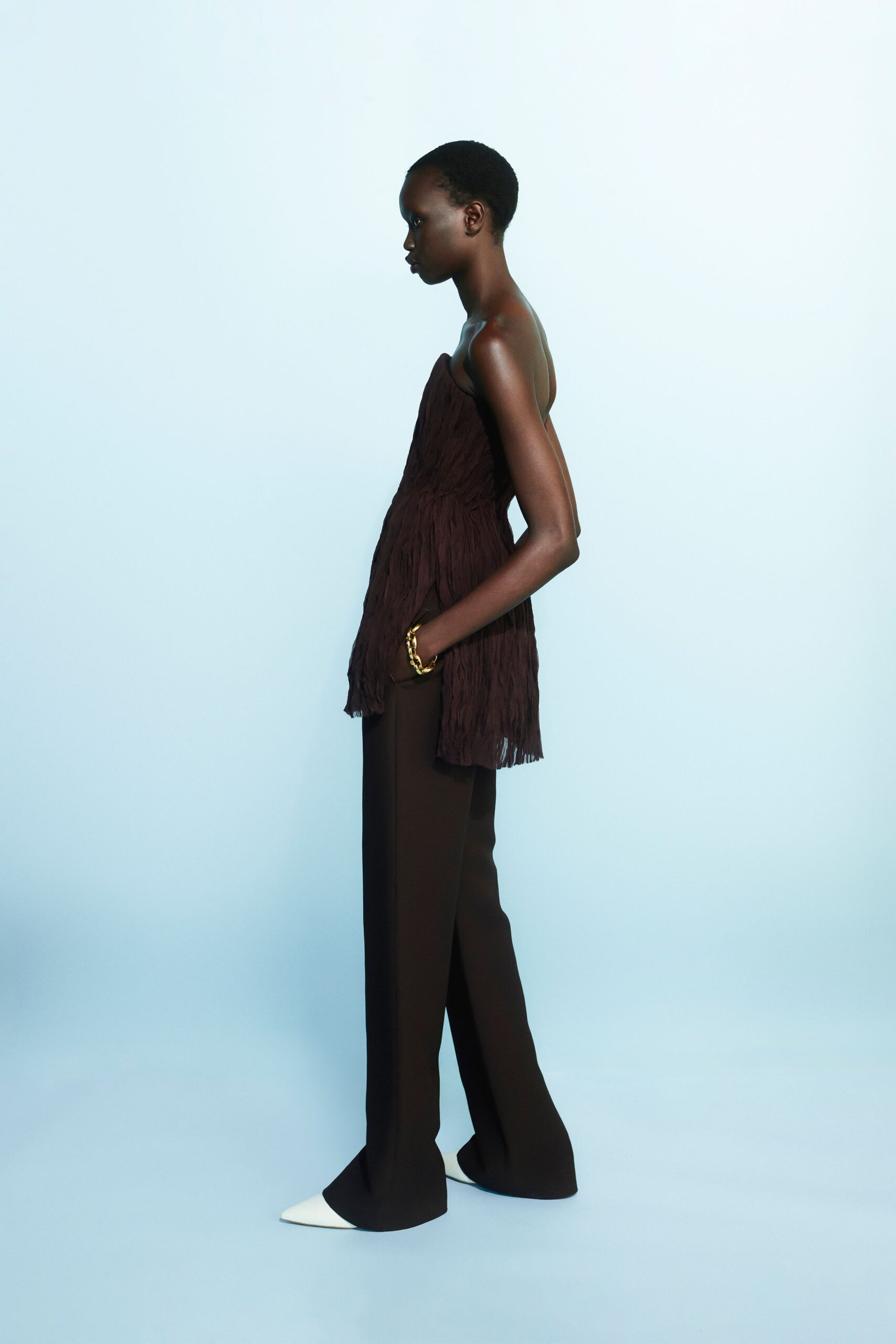 brown silk sleeveless fitted fringed top