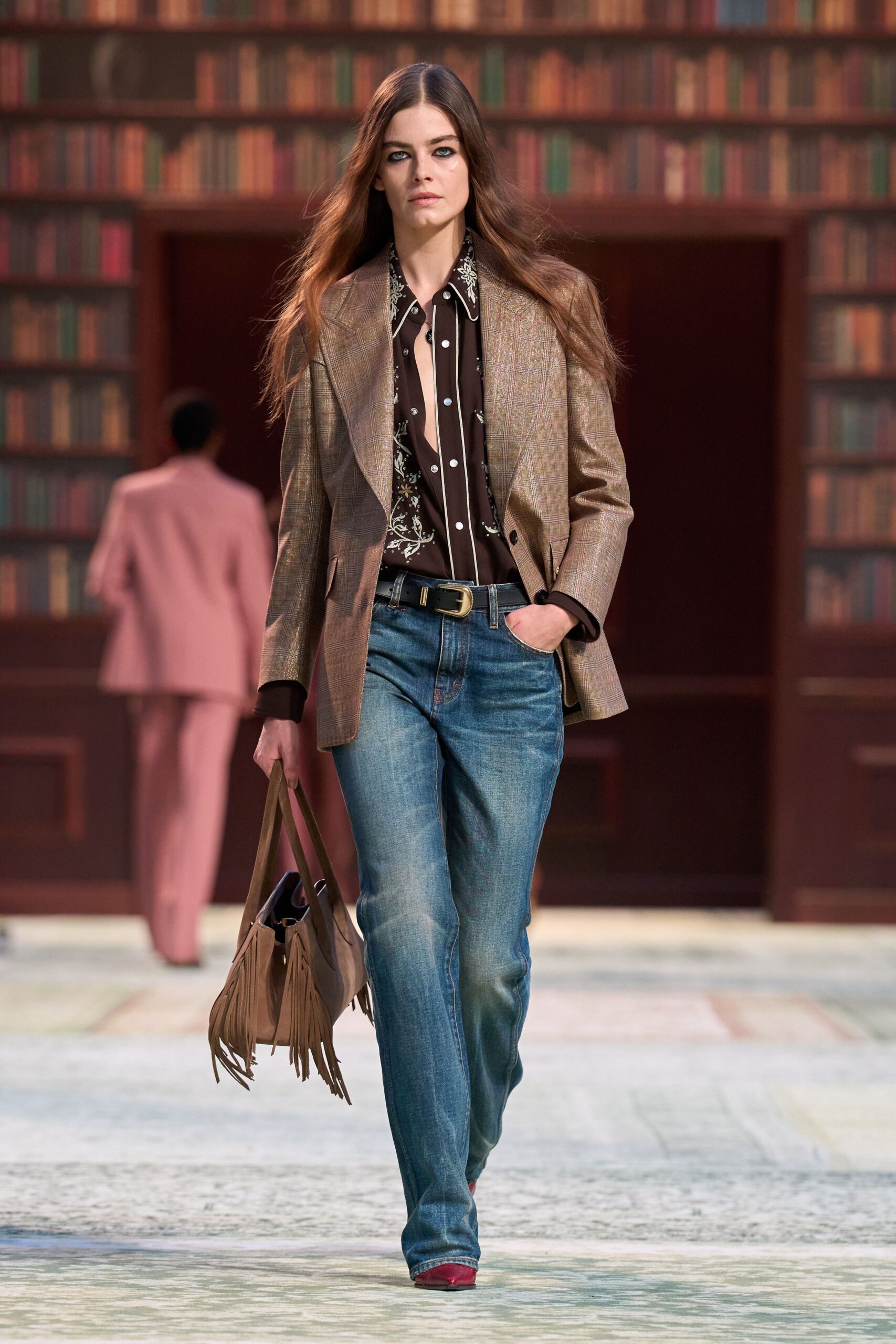 brown tweed blazer with printed shirt