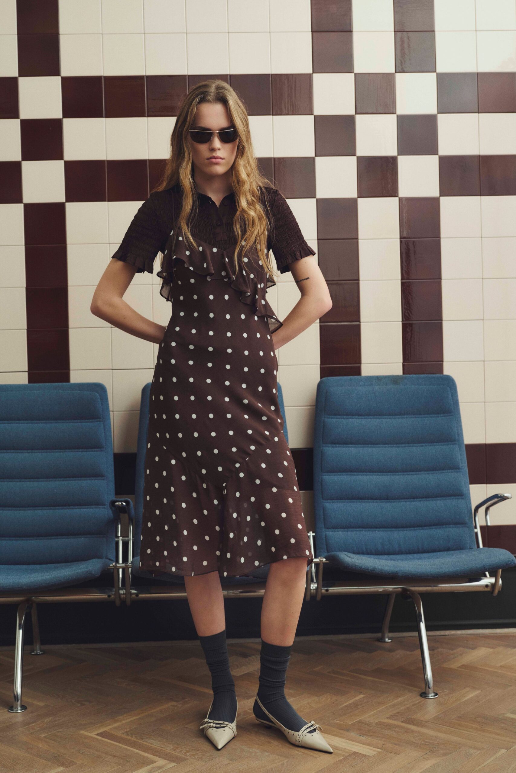 brown polka-dot midi dress
