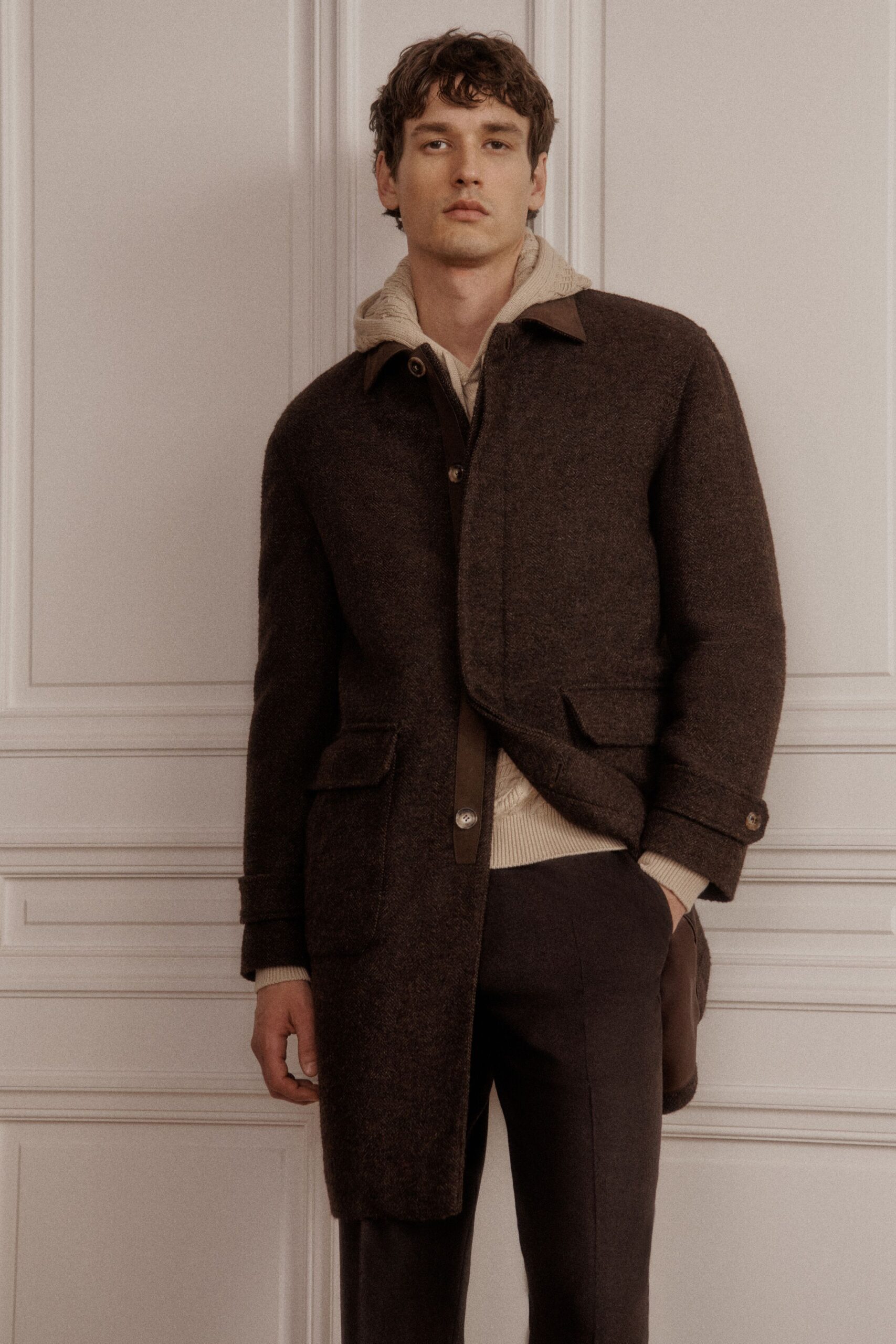 brown wool coat with beige hoodie
