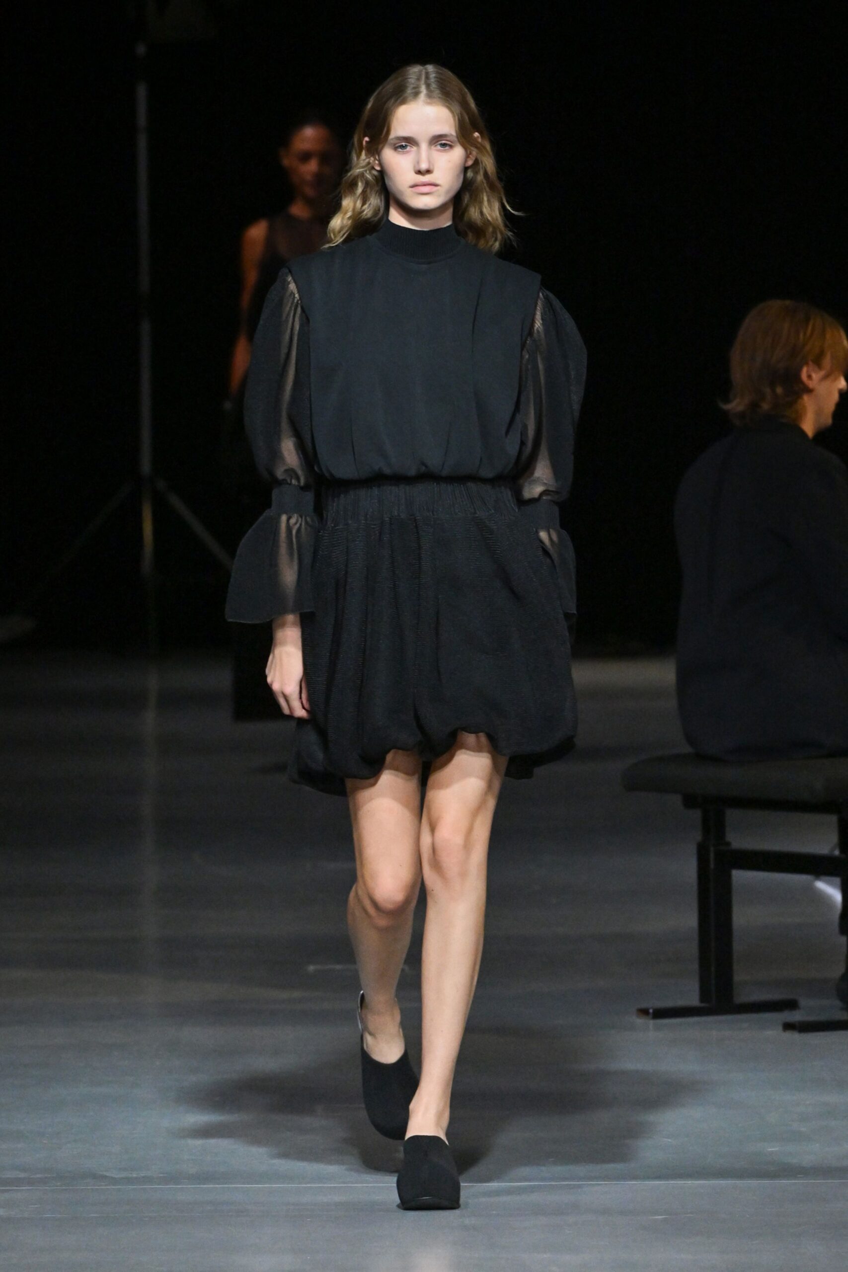 black silk long-sleeve high-neck fitted padded top