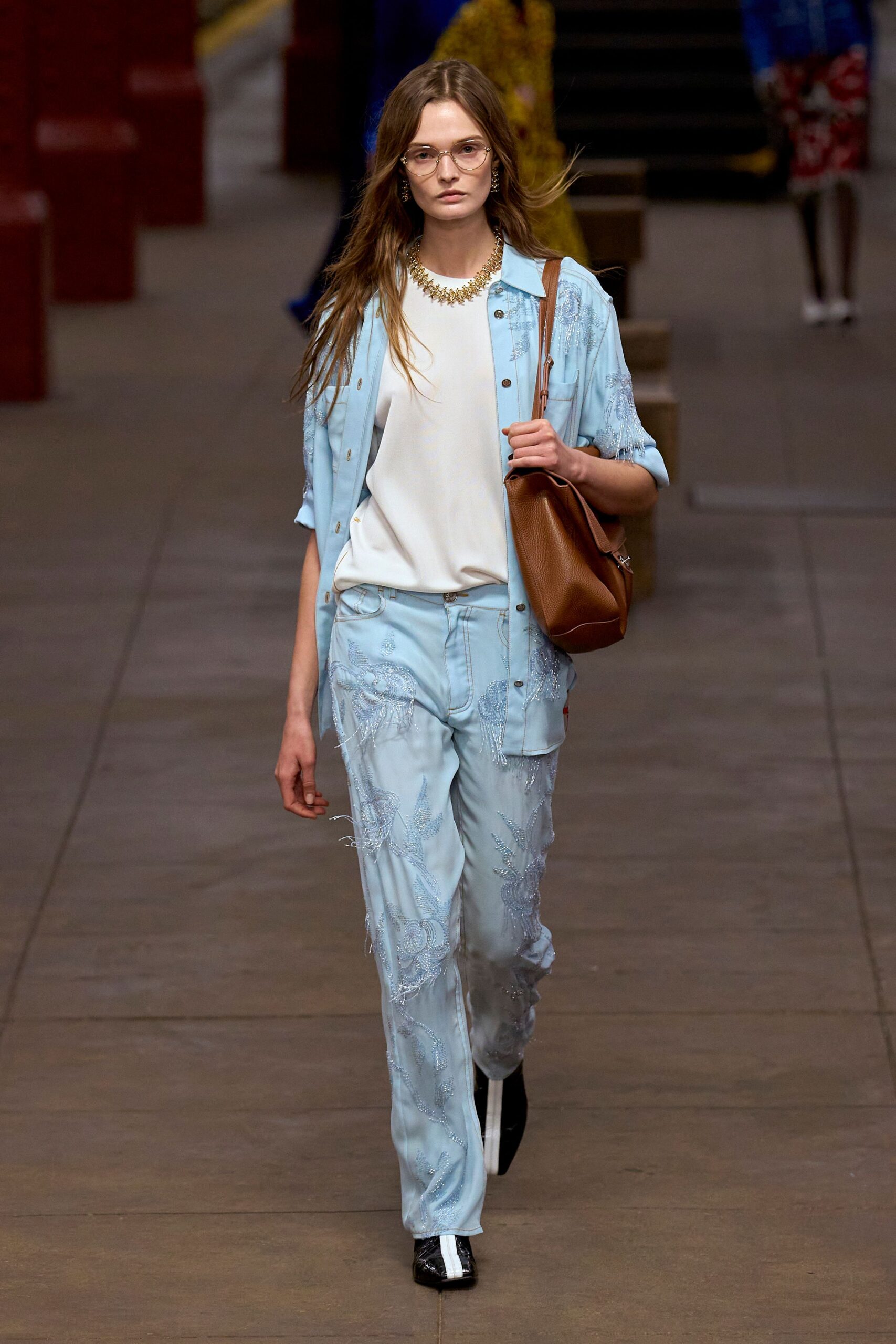 blue cotton long-sleeve collared relaxed embroidered shirt