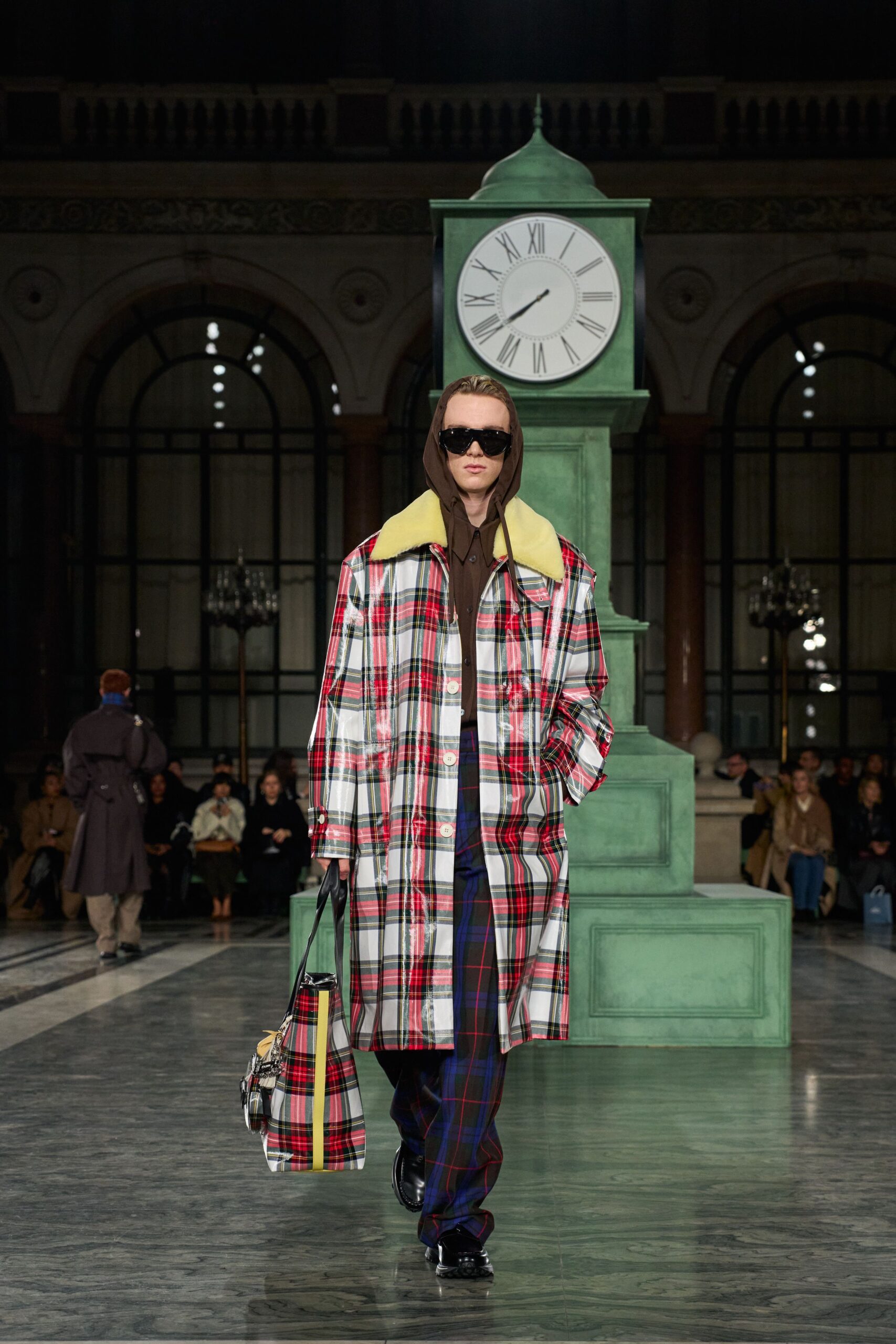 checked coat with hoodie and pants