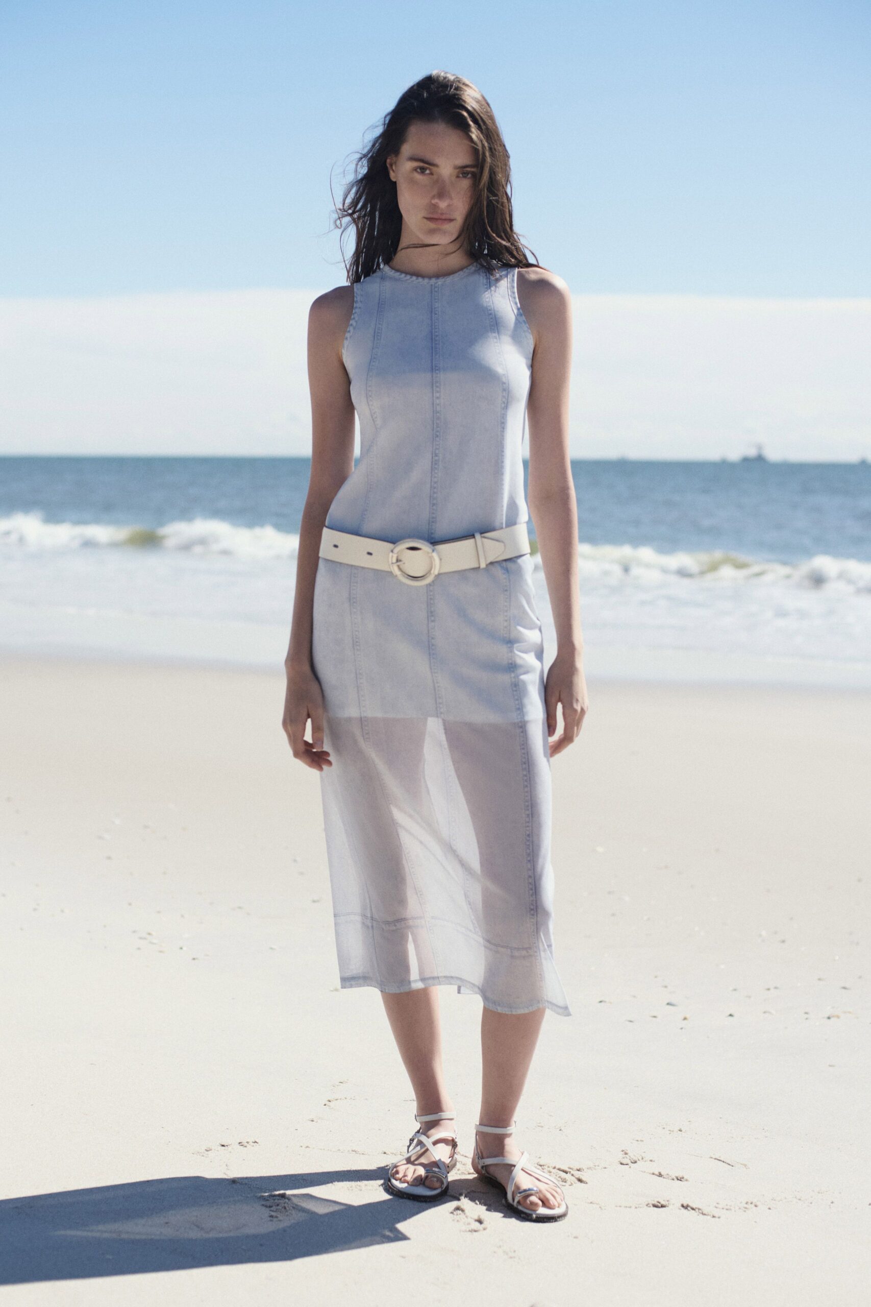 blue denim sleeveless high-neck fitted straight-leg sheer dress
