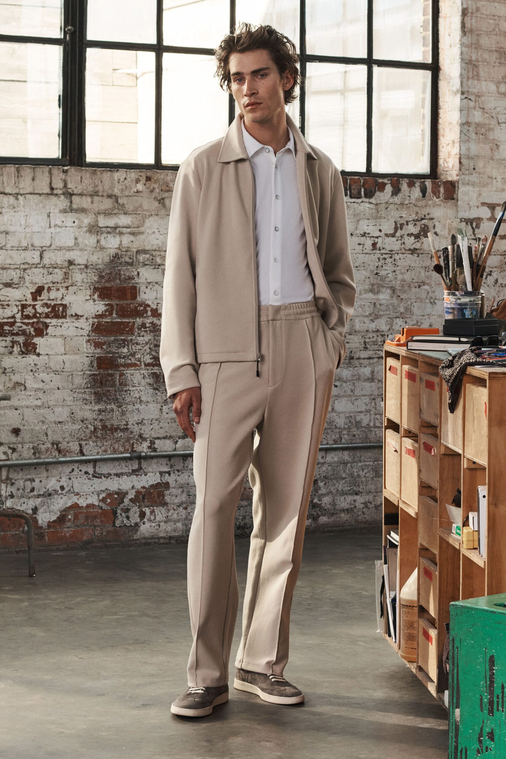 beige relaxed jacket and tailored pants