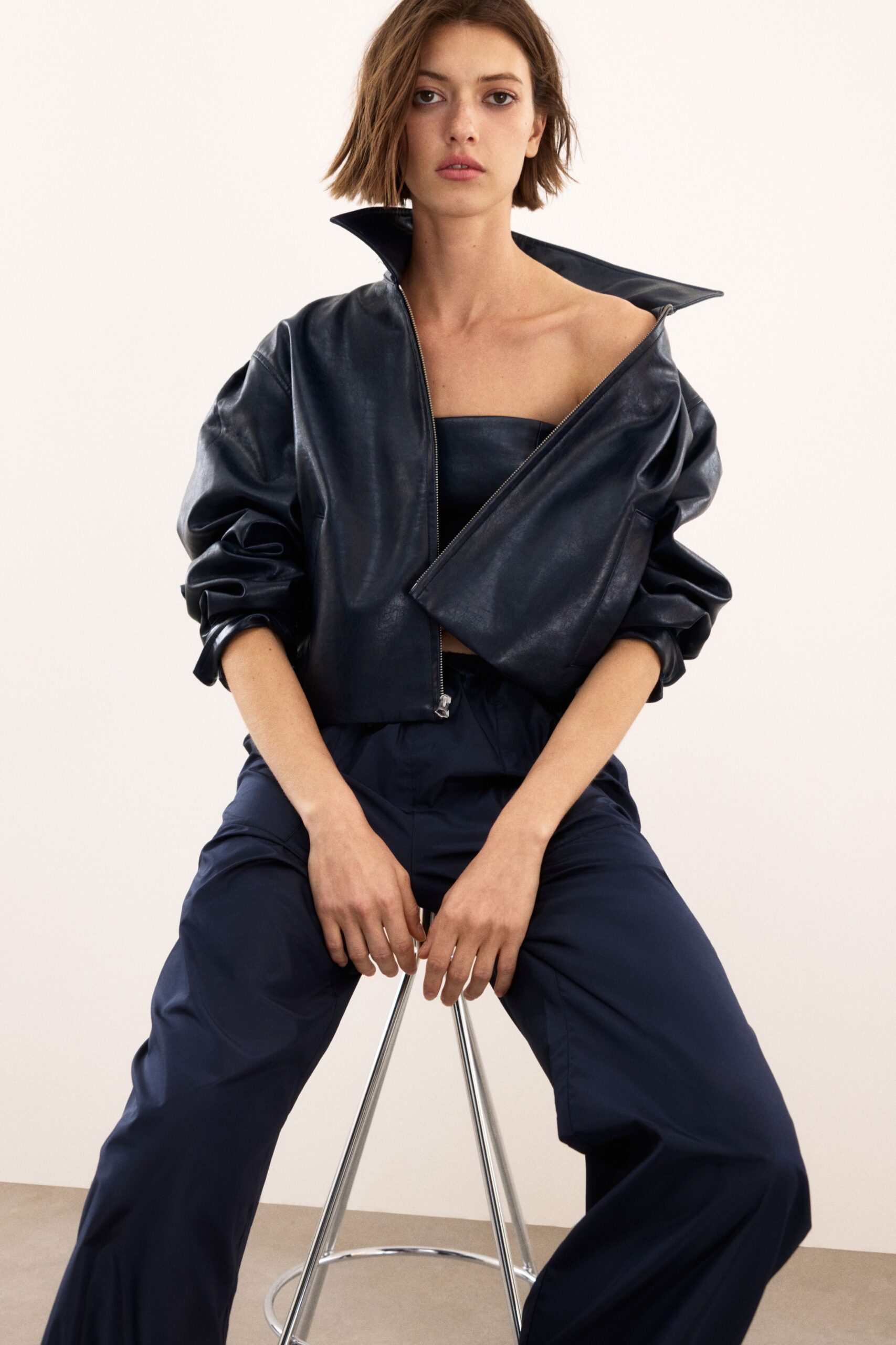 black leather strapless fitted top