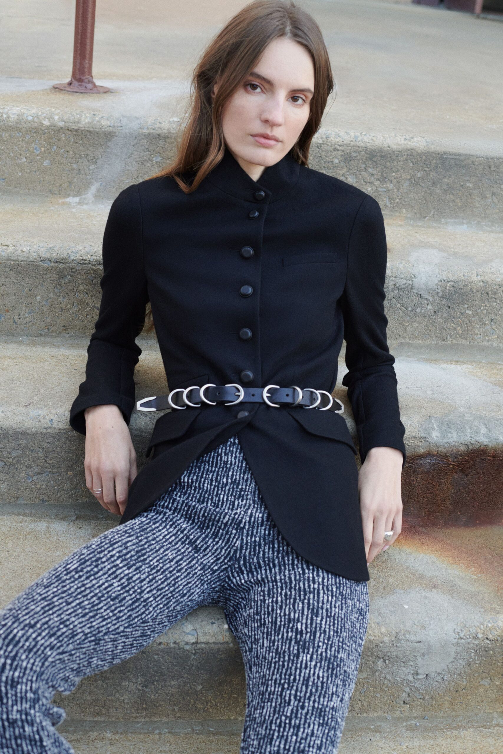 black fitted jacket with printed pants