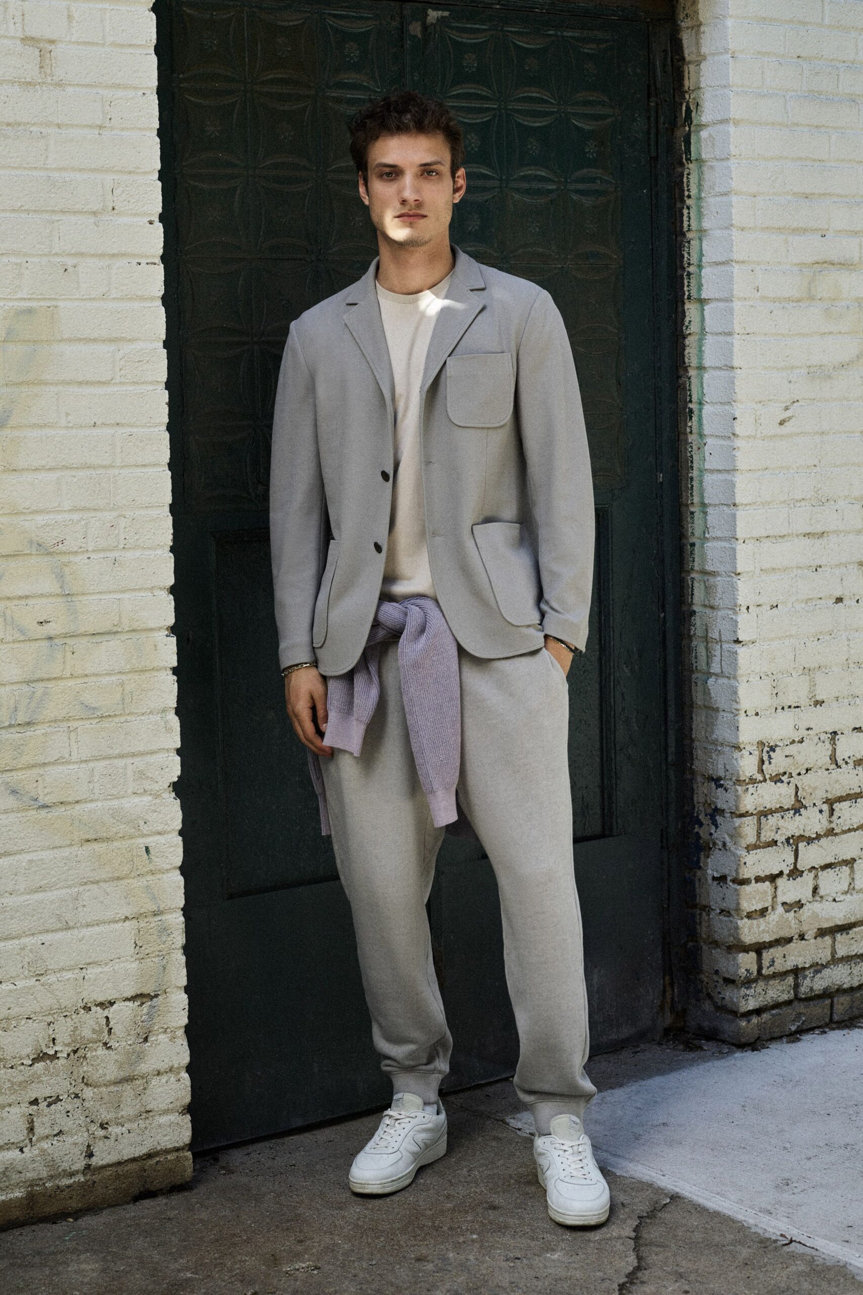gray tailored blazer with relaxed pants