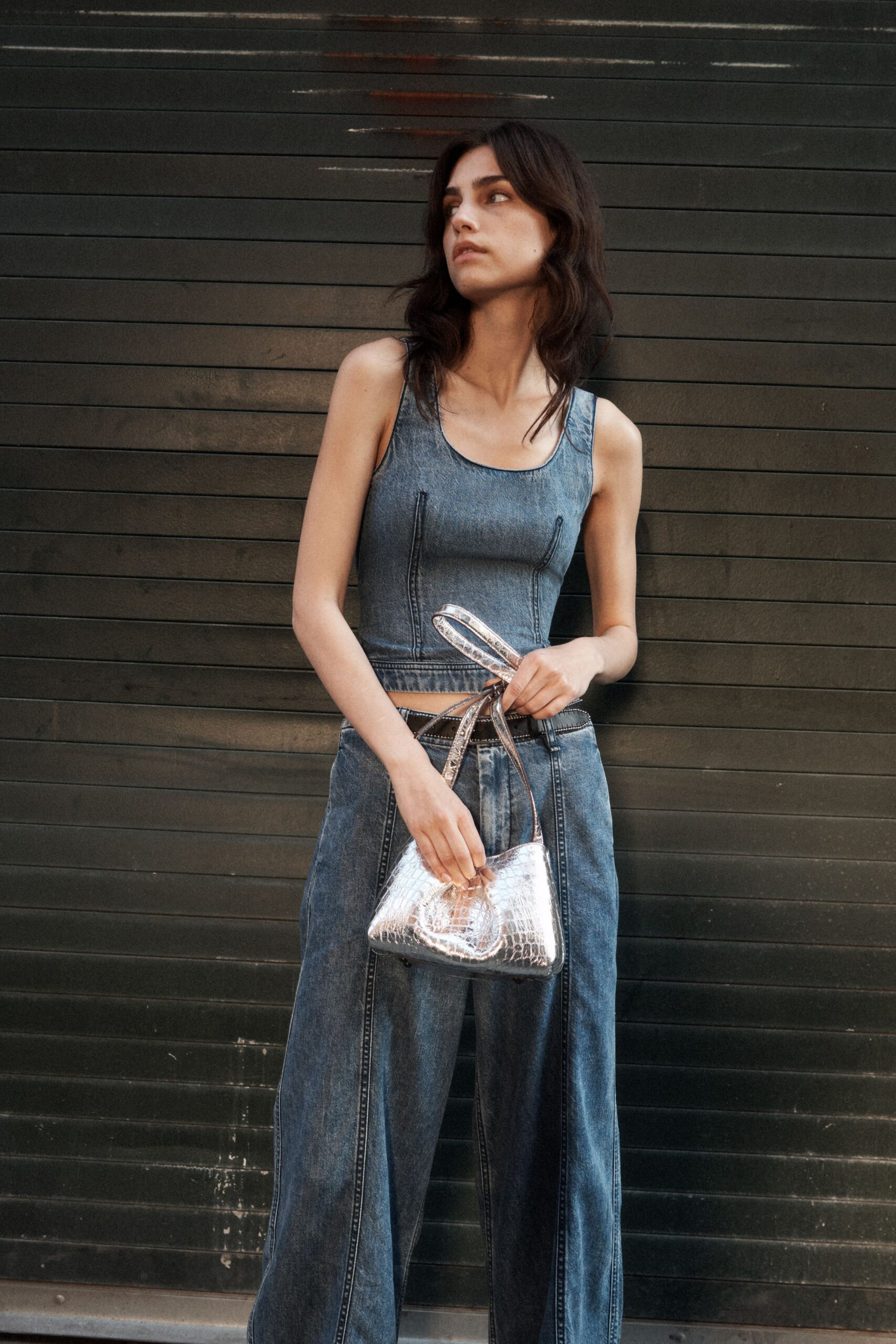 denim top and relaxed pants