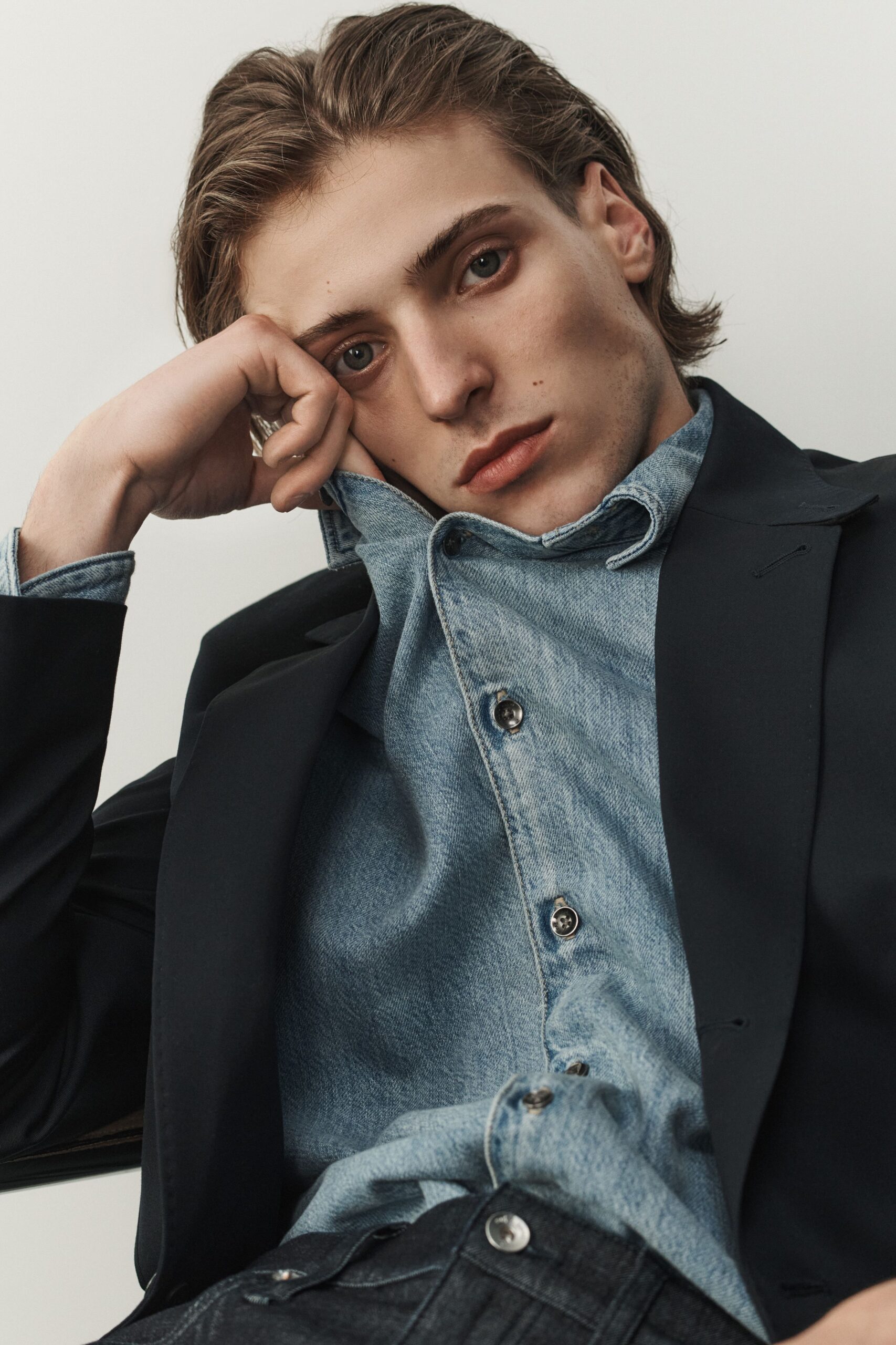 black blazer blue denim shirt