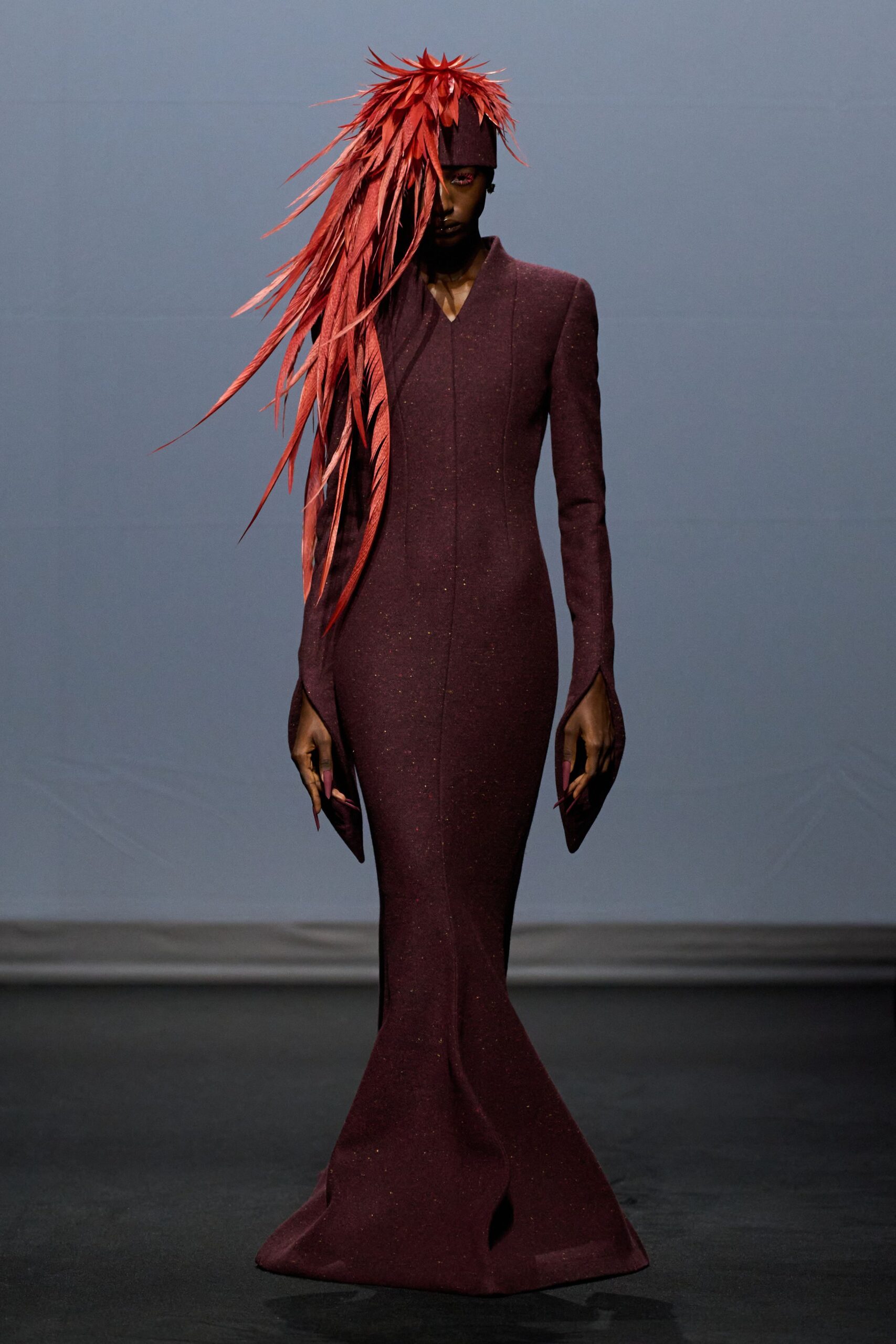 maroon silk long-sleeve v-neck fitted flared maxi gown