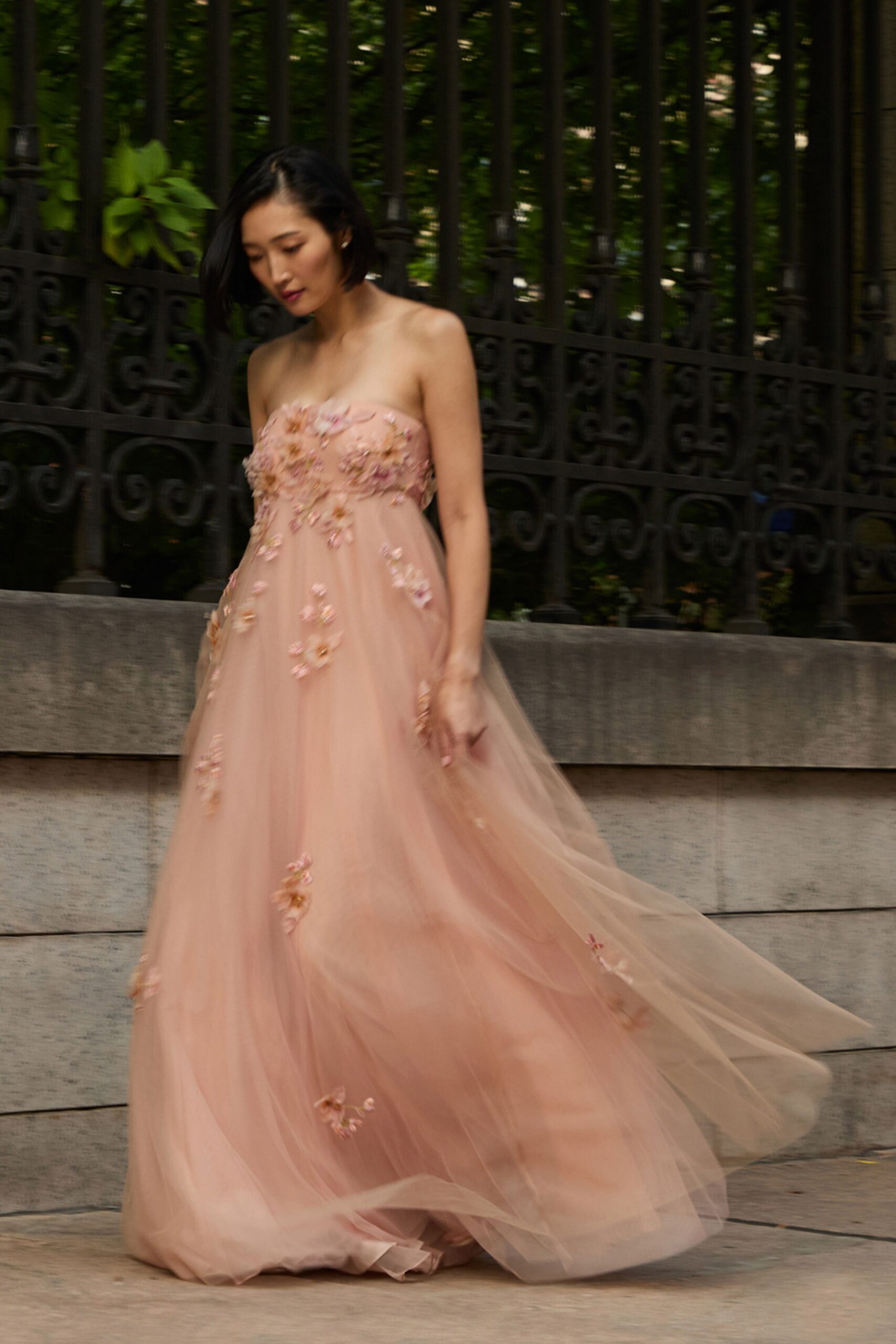pink strapless embroidered gown