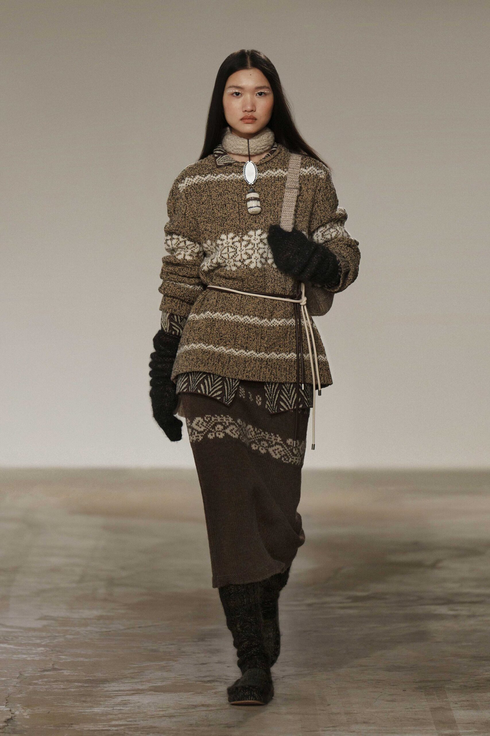 brown wool long-sleeve collared relaxed layered printed sweater