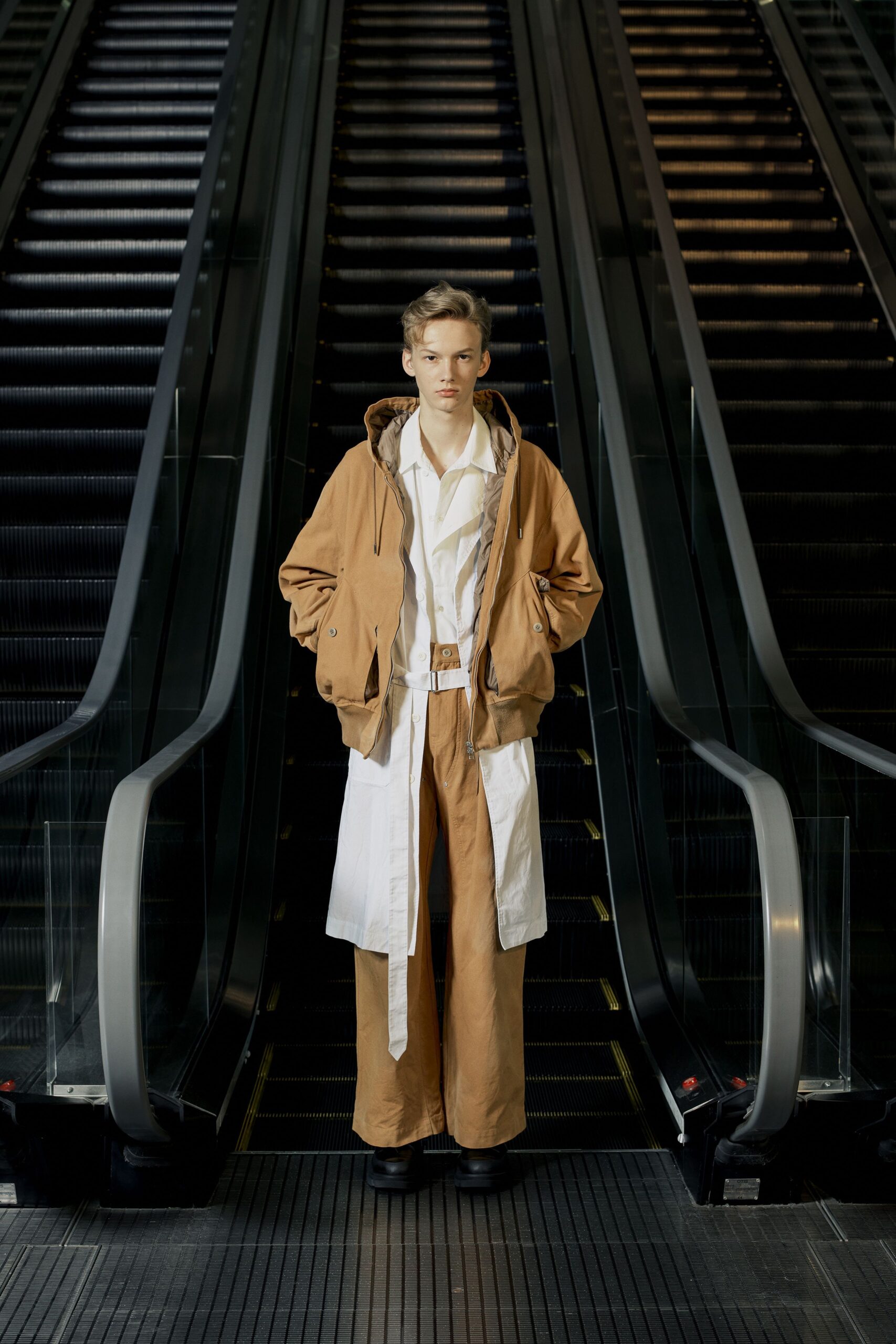 brown relaxed jacket with white shirt