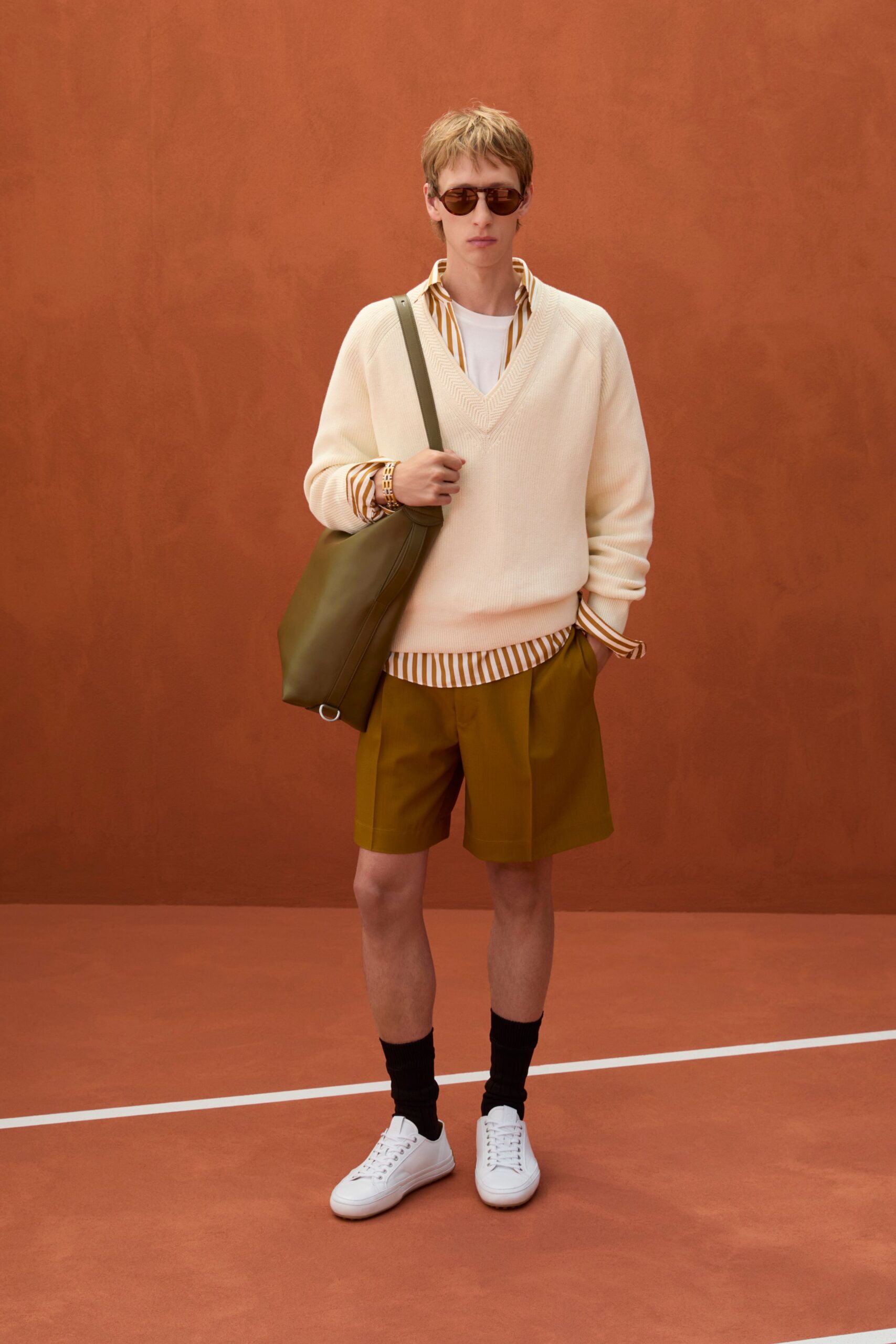 orange cotton long-sleeve collared fitted striped shirt