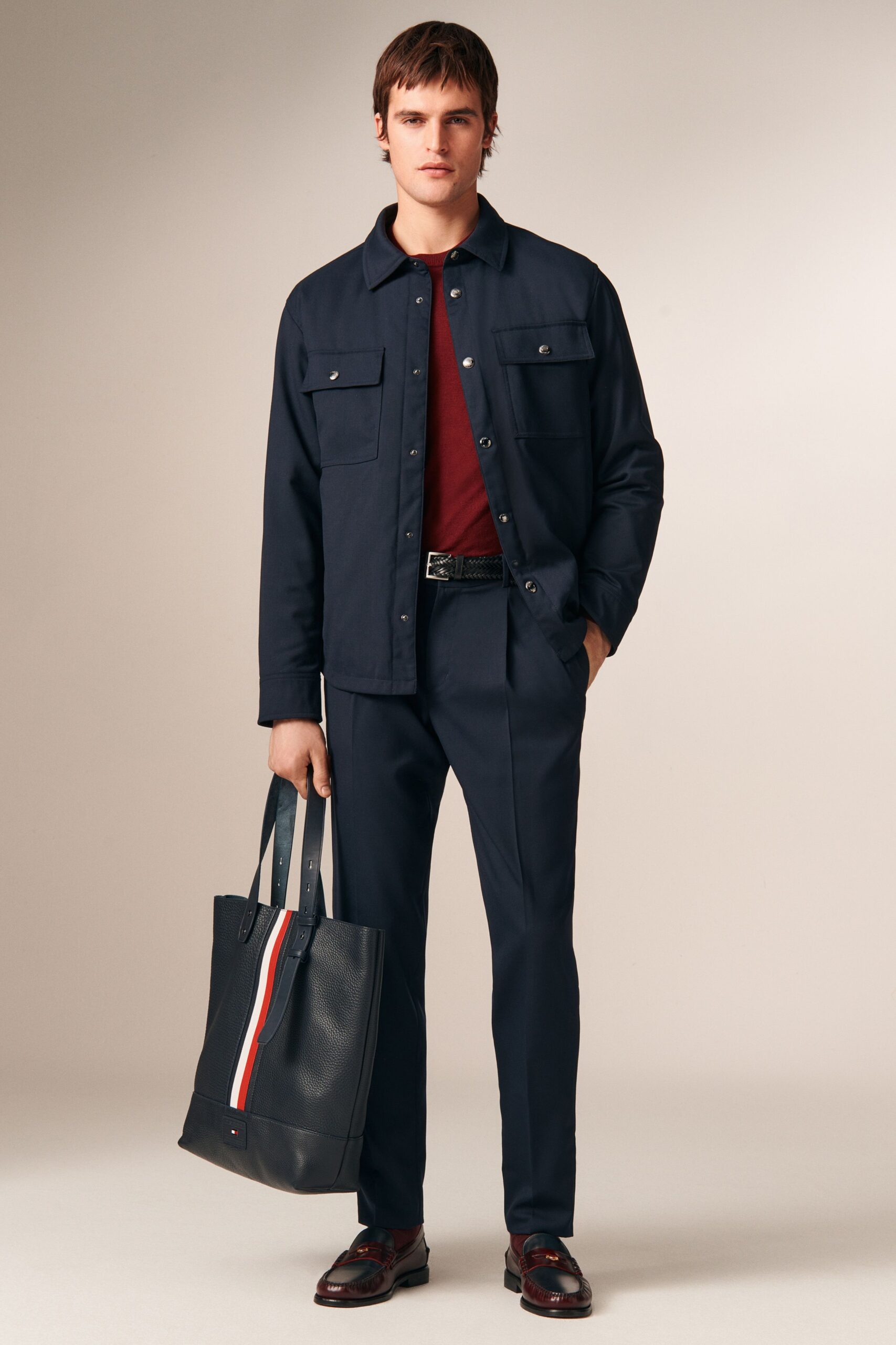 blue cotton long-sleeve collared structured jacket