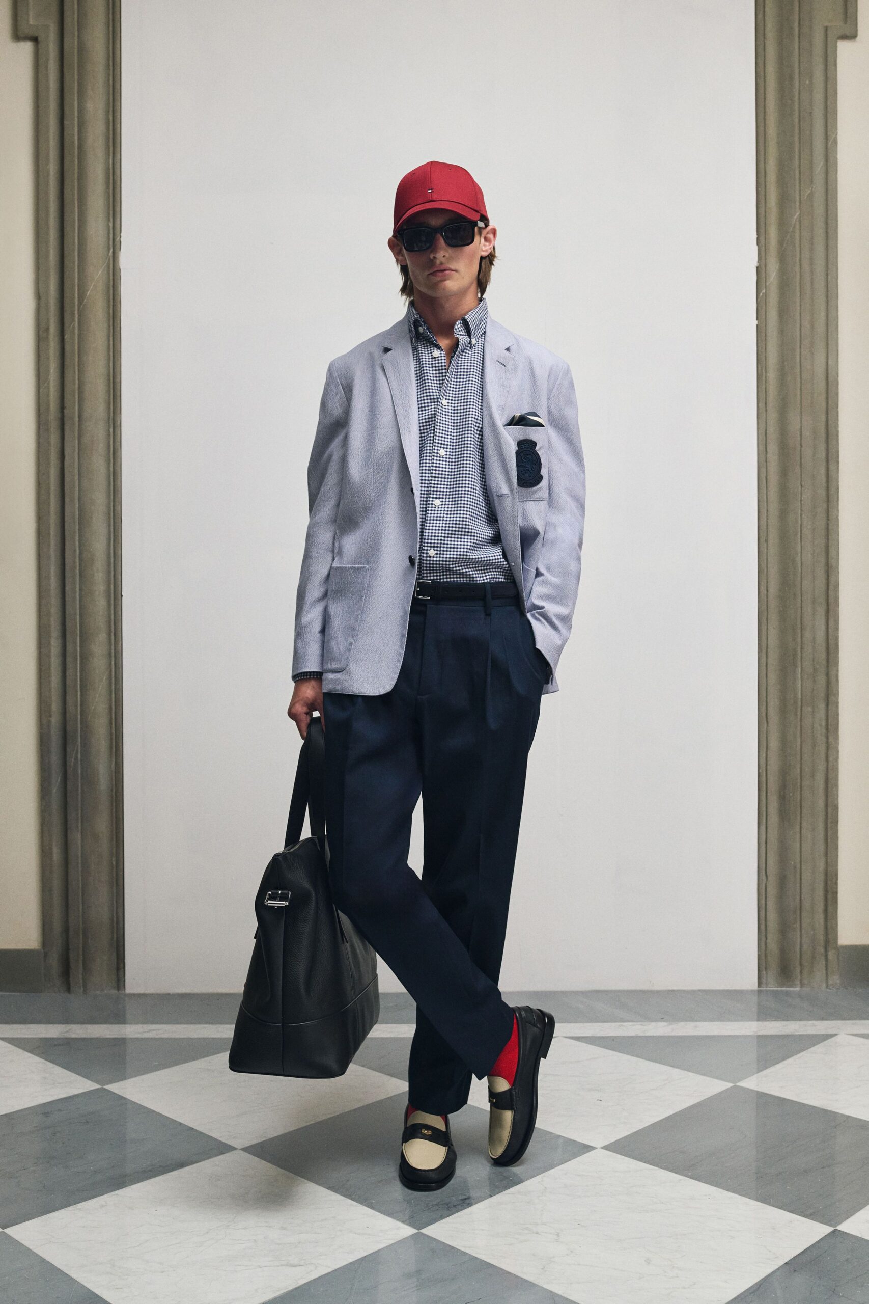 light blue blazer with navy pants