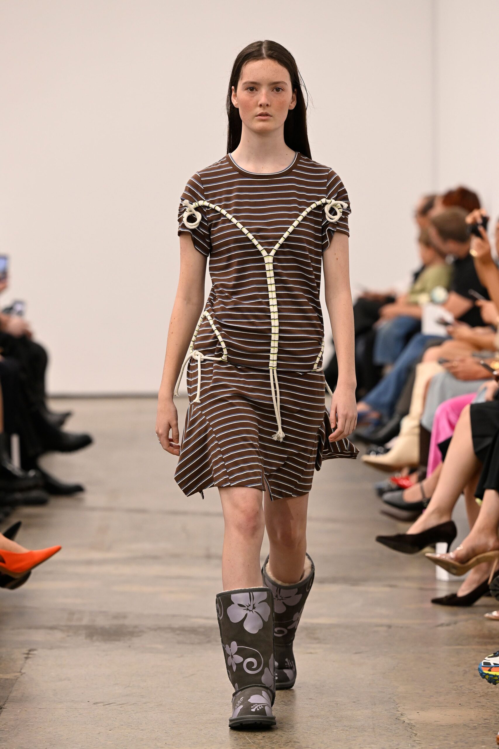 brown cotton short-sleeve v-neck relaxed striped draped dress