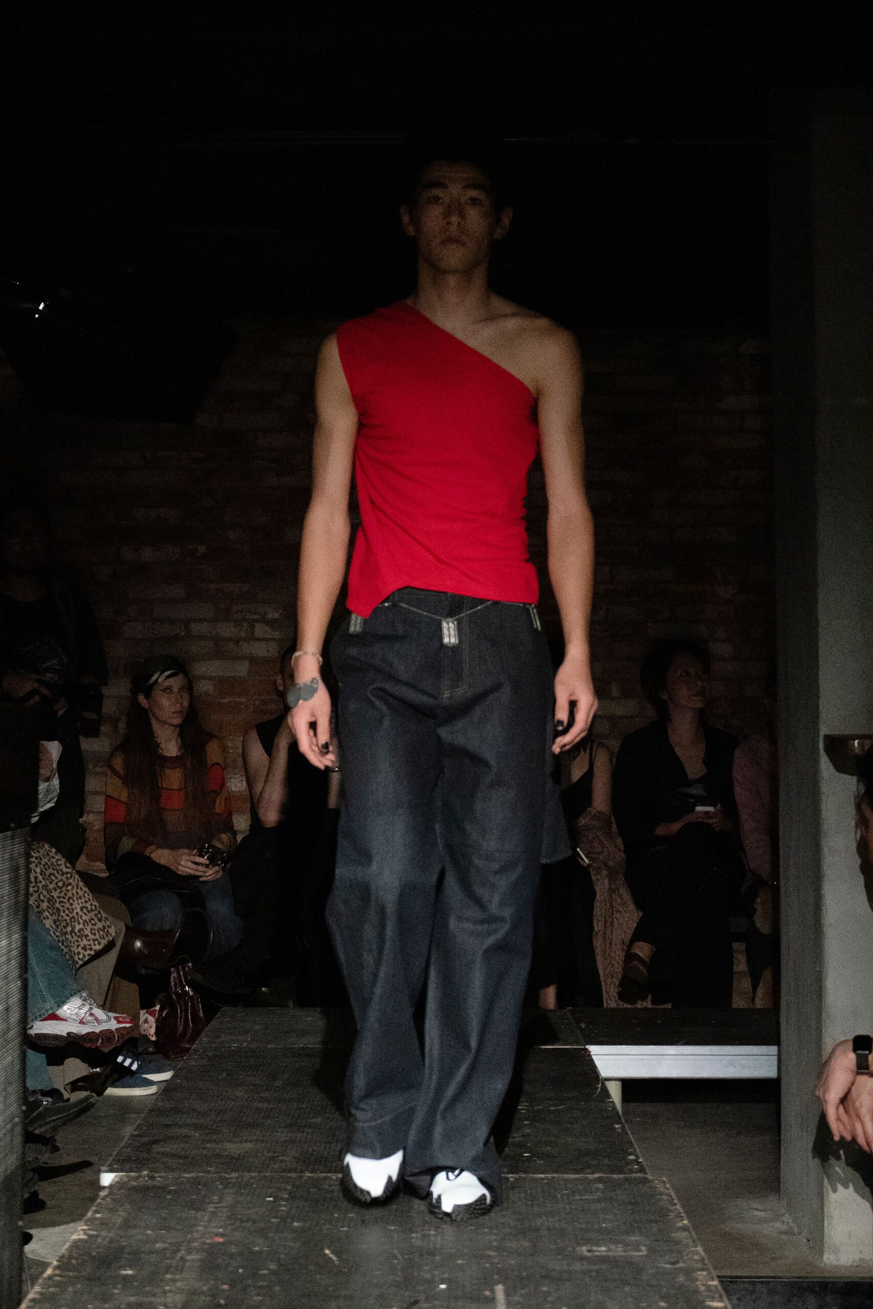 red cotton sleeveless asymmetric fitted top