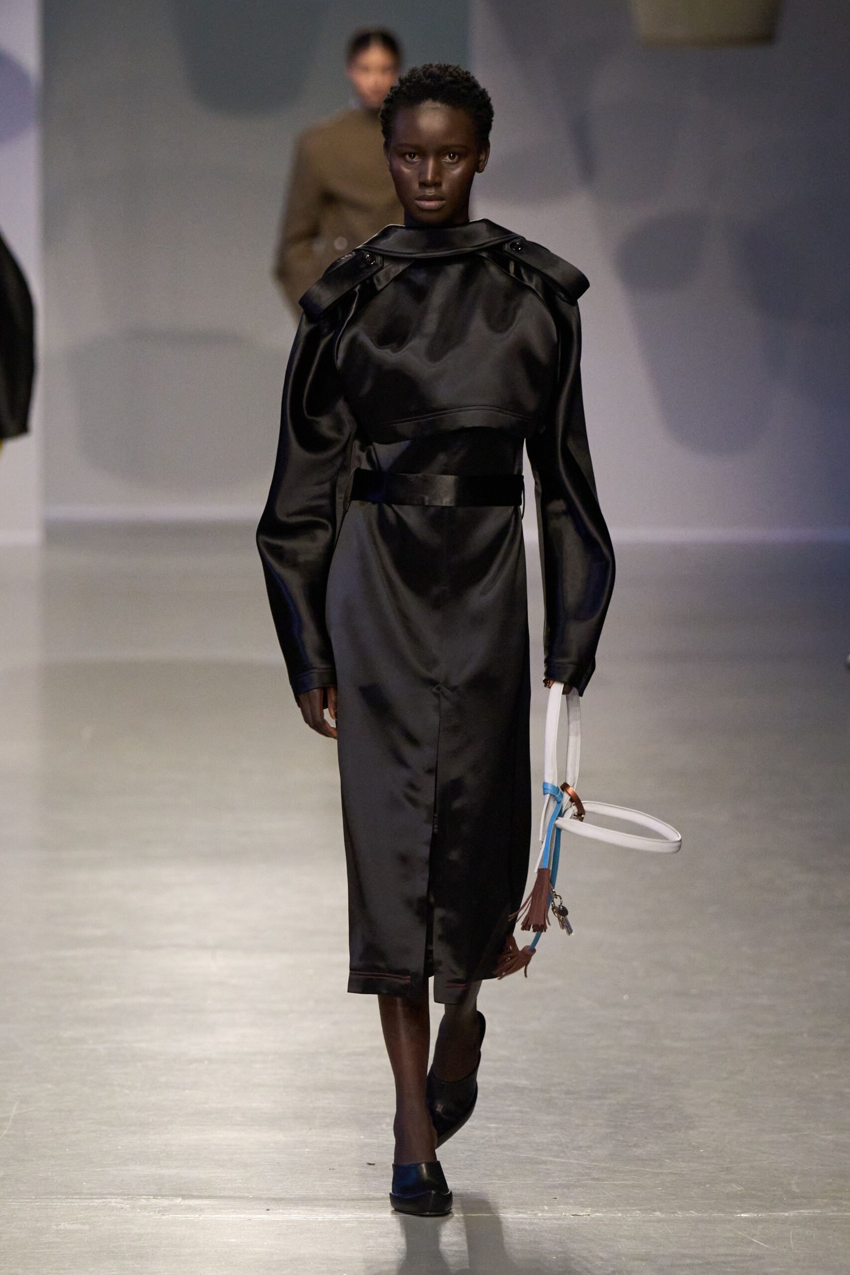 black silk long-sleeve collared fitted belted draped dress
