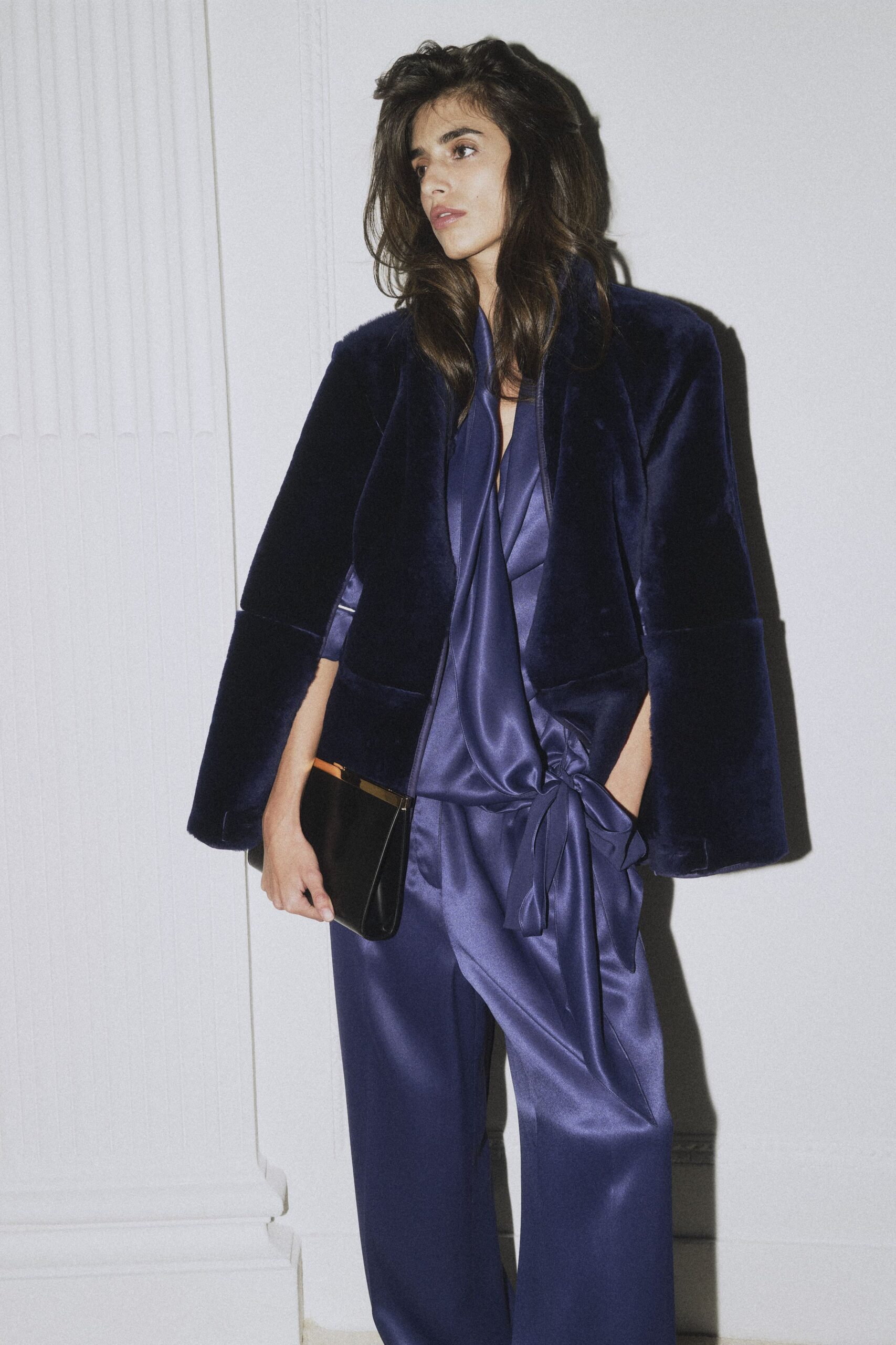 blue velvet jacket and silk outfit