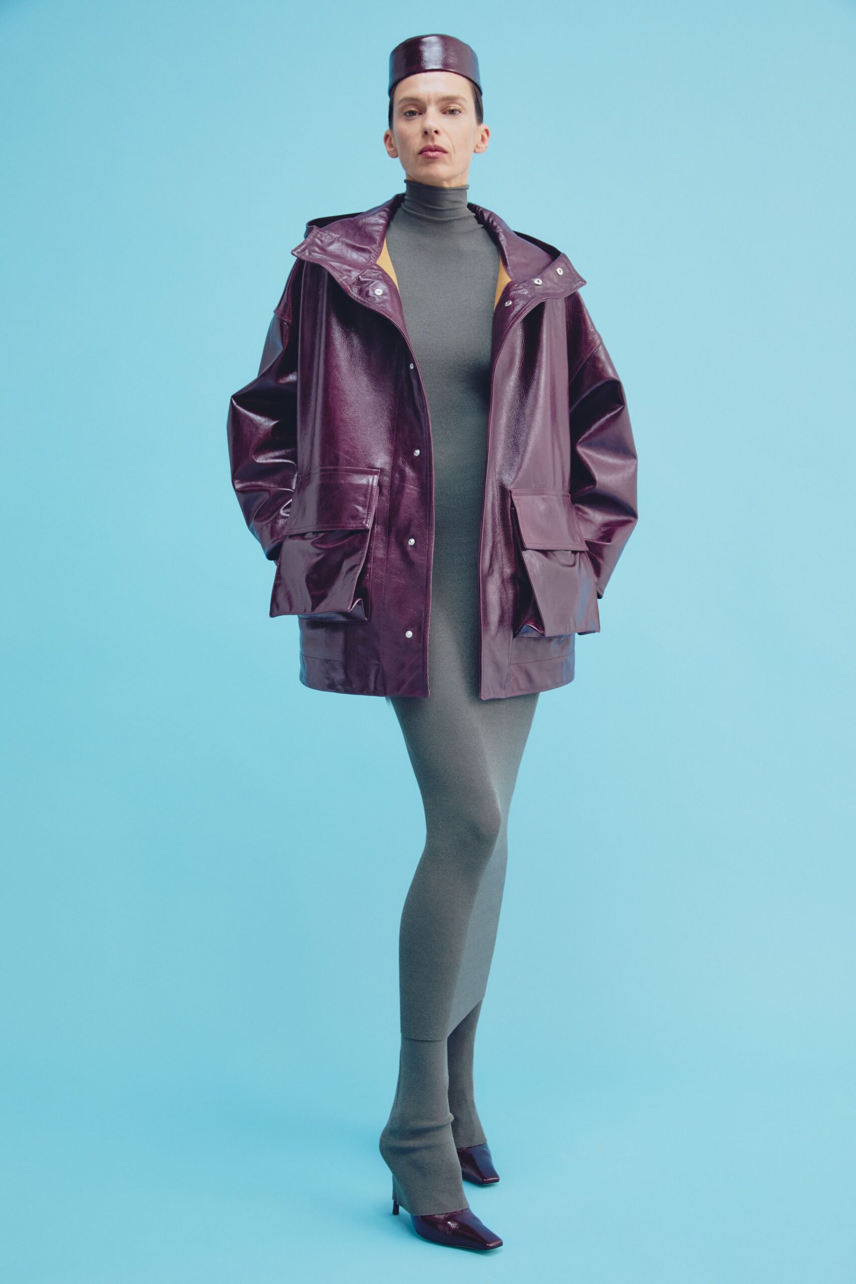 purple vinyl long-sleeve collared oversized zippered pockets jacket