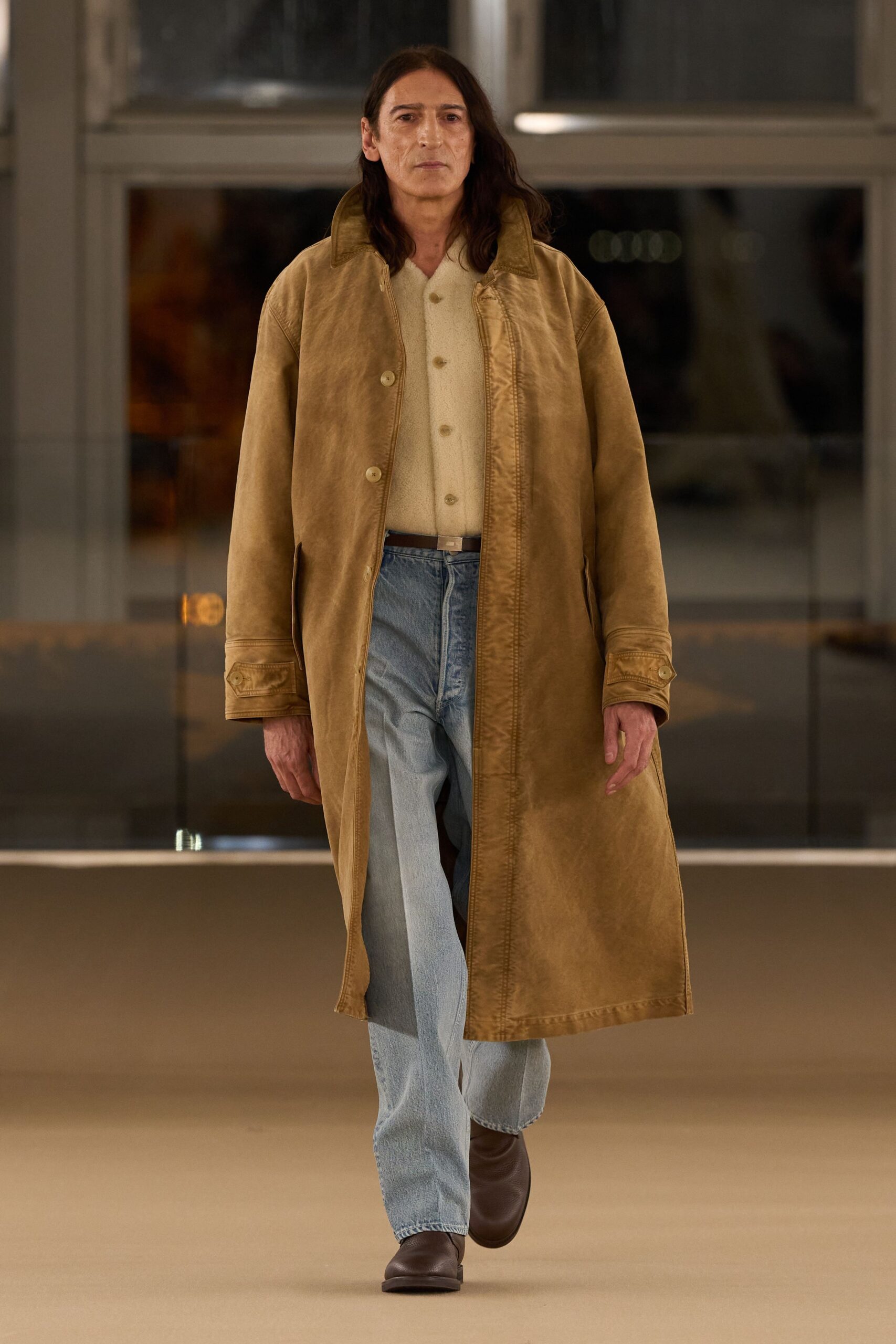 brown coat with ivory sweater
