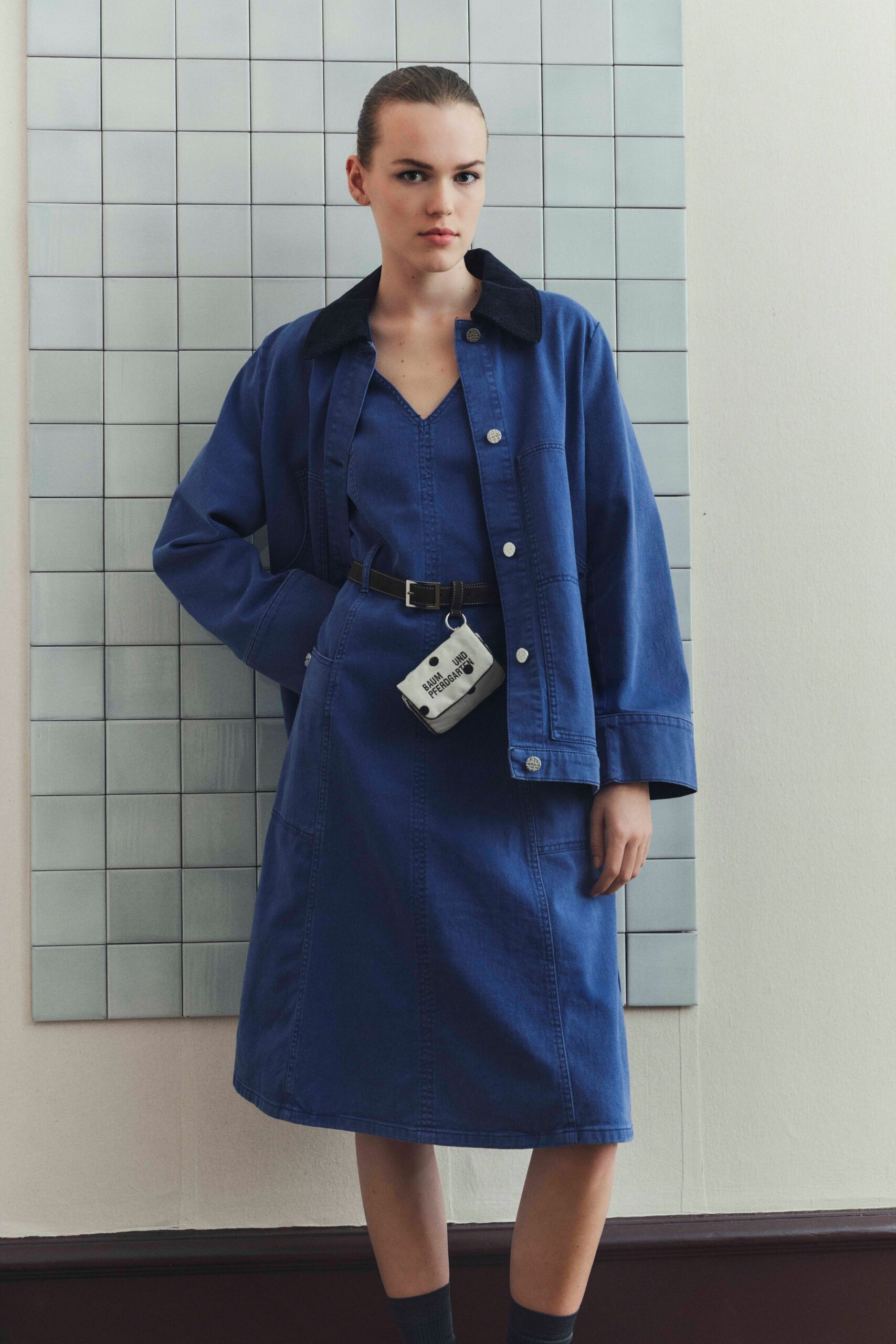 blue denim sleeveless v-neck fitted midi dress