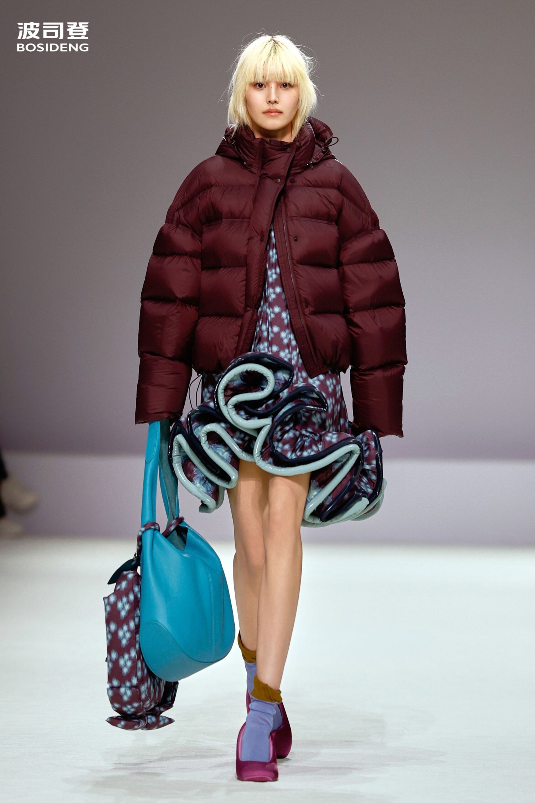 burgundy puffer jacket with blue dress