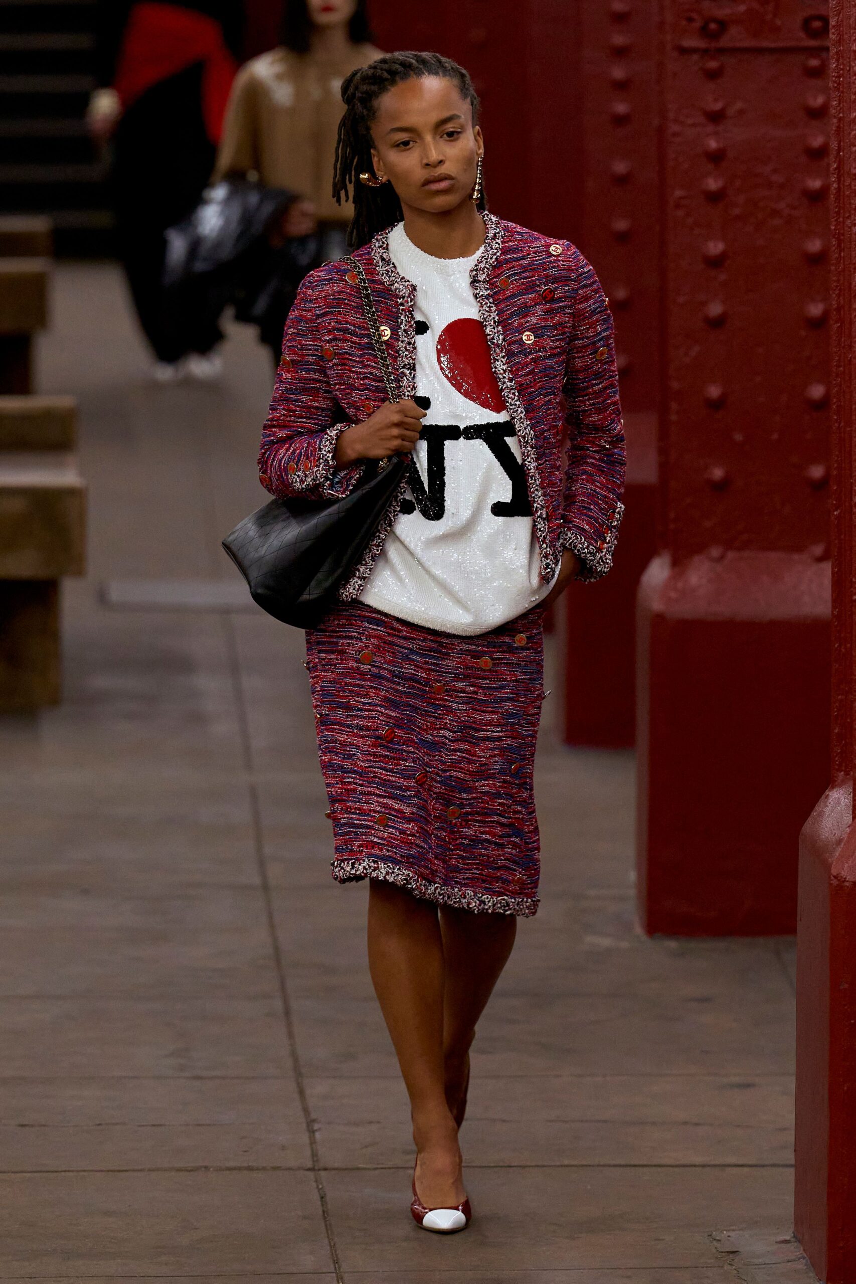 red tweed long-sleeve collared tailored buttoned layered jacket