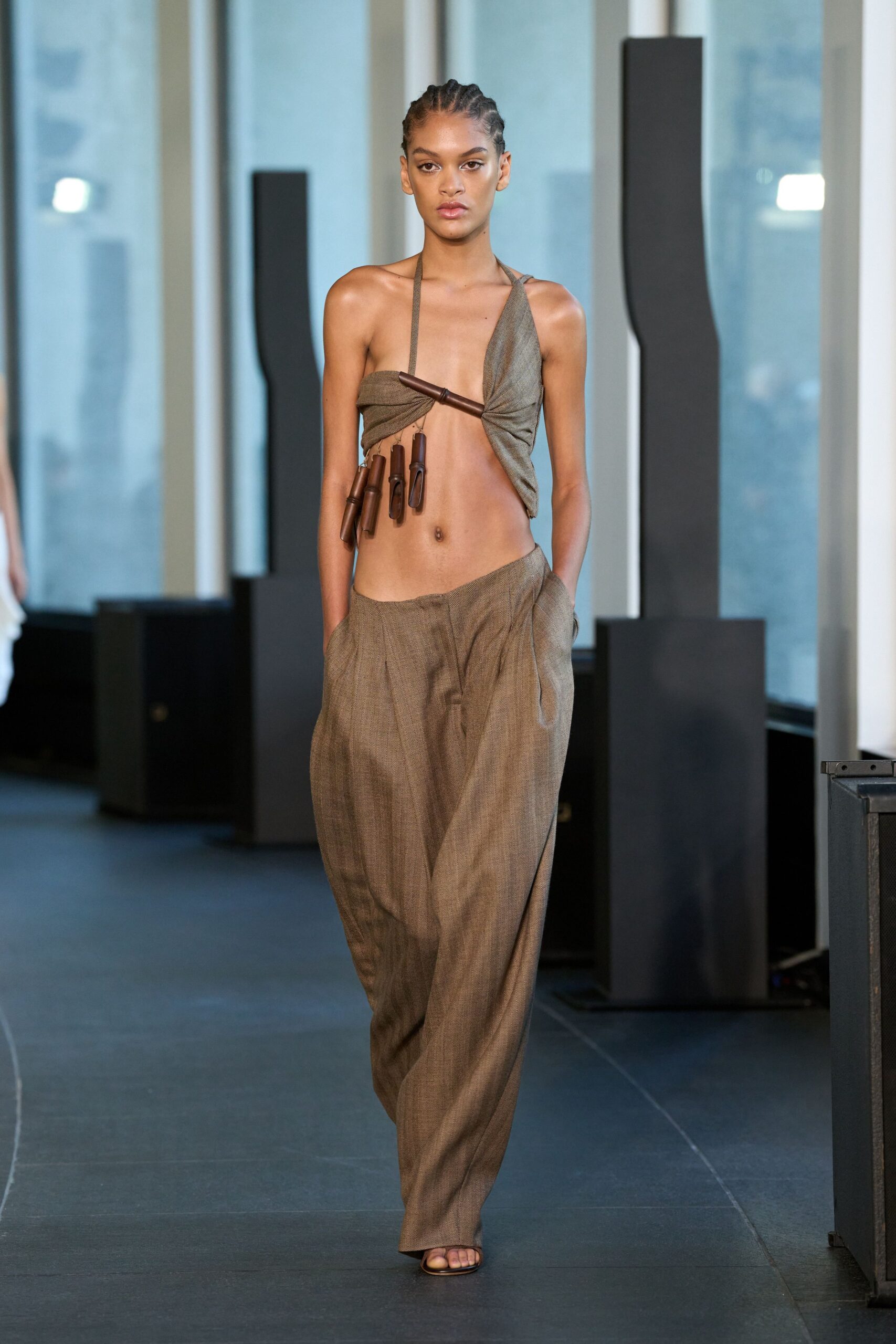 brown fitted top and relaxed pants